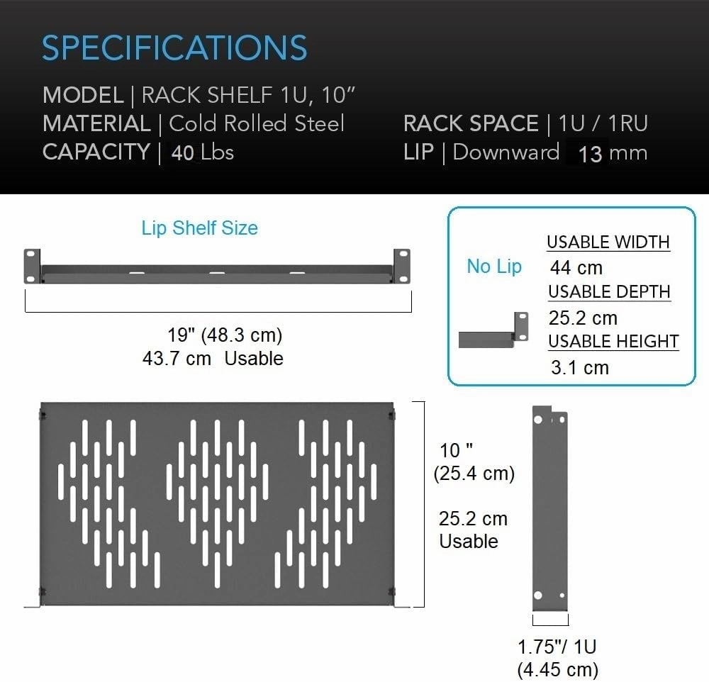 Beiyier 2PCS 1U Universal Server Rack Shelf, 10" Deep Vented Cantilever Mount Tray, for 19 Network Equipment Rack & Cabinet (Black)