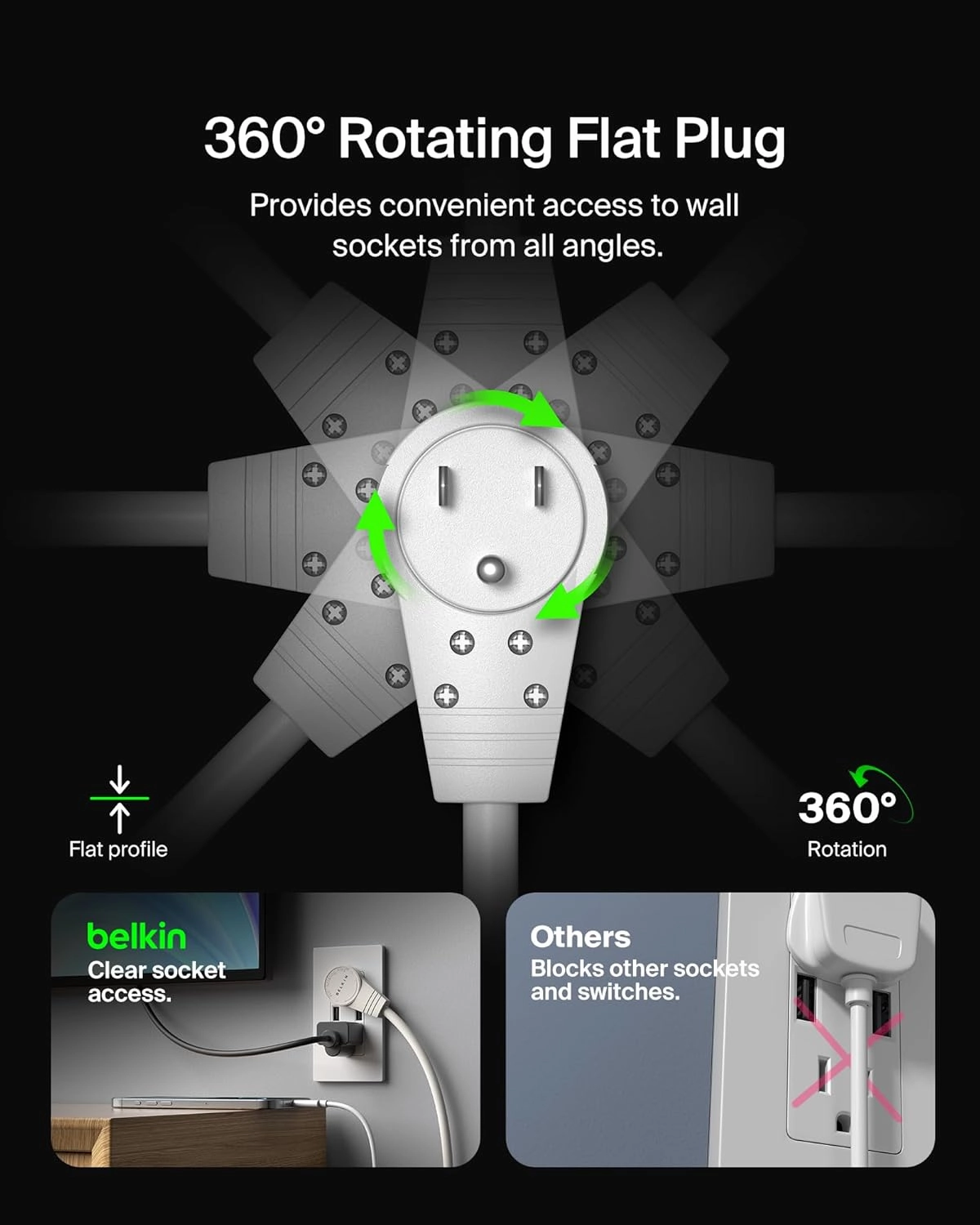 Belkin 6-Outlet Surge Protector Power Strip, 6ft Cord, 360 Rotating Plug - 1080 Joules Protection