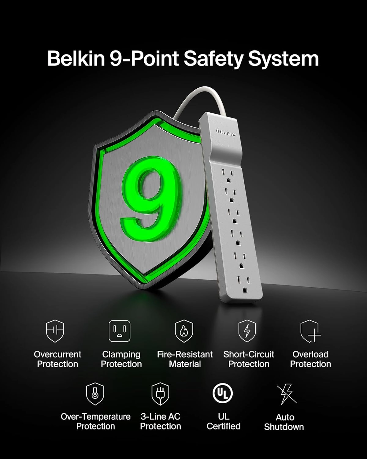 Belkin 6-Outlet Surge Protector Power Strip, 6ft Cord, 360 Rotating Plug - 1080 Joules Protection