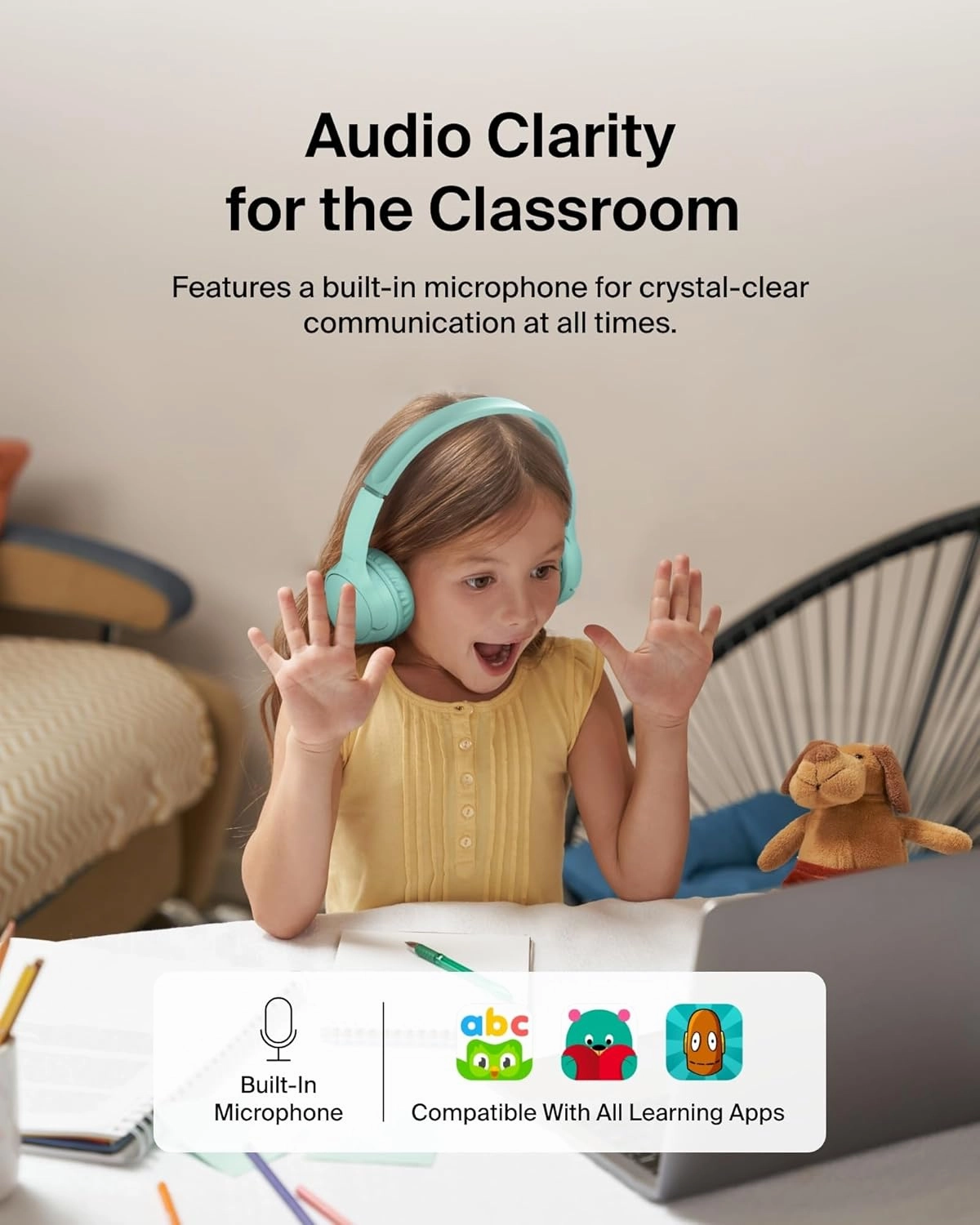 Belkin SoundForm Mini - Wireless Bluetooth Headphones for Kids with 30H Battery Life, 85dB Safe Volume Limit, Built-in Microphone - Kids On-Ear Earphones for iPhone, iPad, Fire Tablet & More - Mint
