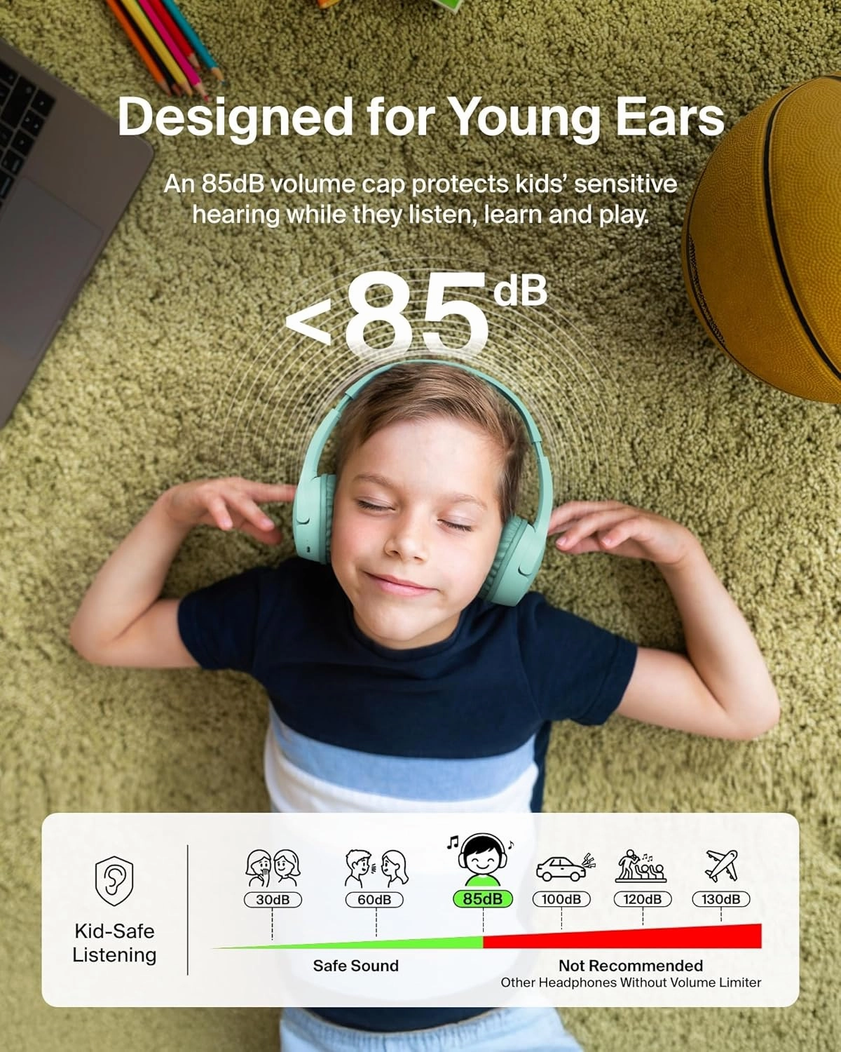 Belkin SoundForm Mini - Wireless Bluetooth Headphones for Kids with 30H Battery Life, 85dB Safe Volume Limit, Built-in Microphone - Kids On-Ear Earphones for iPhone, iPad, Fire Tablet & More - Mint
