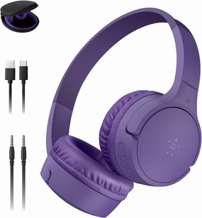 Belkin SoundForm Mini - Wireless Bluetooth Kids Headphones, 30H Battery, 85dB Safe Volume Limit, Built-in Microphone - Toddler On-Ear Earphones for iPhone, iPad - Ideal for School - Purple w/Case noise cancelling headphones,ANC headphones,travel headphones