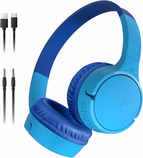 Belkin SoundForm Mini - Wireless Bluetooth Kids Headphones, 30H Battery, 85dB Safe Volume Limit, Built-in Microphone - Toddler On-Ear Earphones for iPhone, iPad, Fire Tablet, Ideal for School - Blue over-ear headphones,closed back headphones,wireless studi