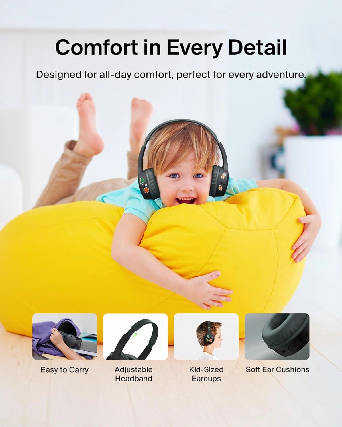 Belkin SoundForm Mini Kids Wireless Headphones w/Built-in Microphone, 30H of Playback Time, & Fun Stickers - Over-Ear Headsets for Online Learning, School, Travel, iPhone, iPad, Galaxy & More - Black