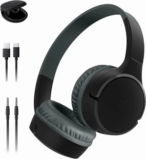 Belkin SoundForm Mini Kids Wireless Headphones w/Built-in Microphone, 30H of Playback Time, Fun Stickers, & Case - Over-Ear Headsets for Online Learning, School, iPhone, iPad, Galaxy, & More - Black noise cancelling headphones,ANC headphones,travel
