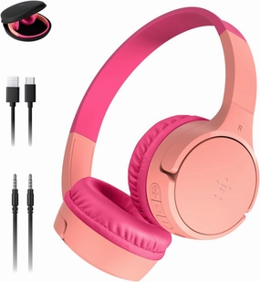 Belkin SoundForm Mini w/Case - Wireless Bluetooth Kids Headphones with 30H Battery Life, 85dB Safe Volume Limit, Built-in Microphone - Kids On-Ear Earphones for iPhone, iPad, & More - Pink noise cancelling headphones,ANC headphones,travel headphones,