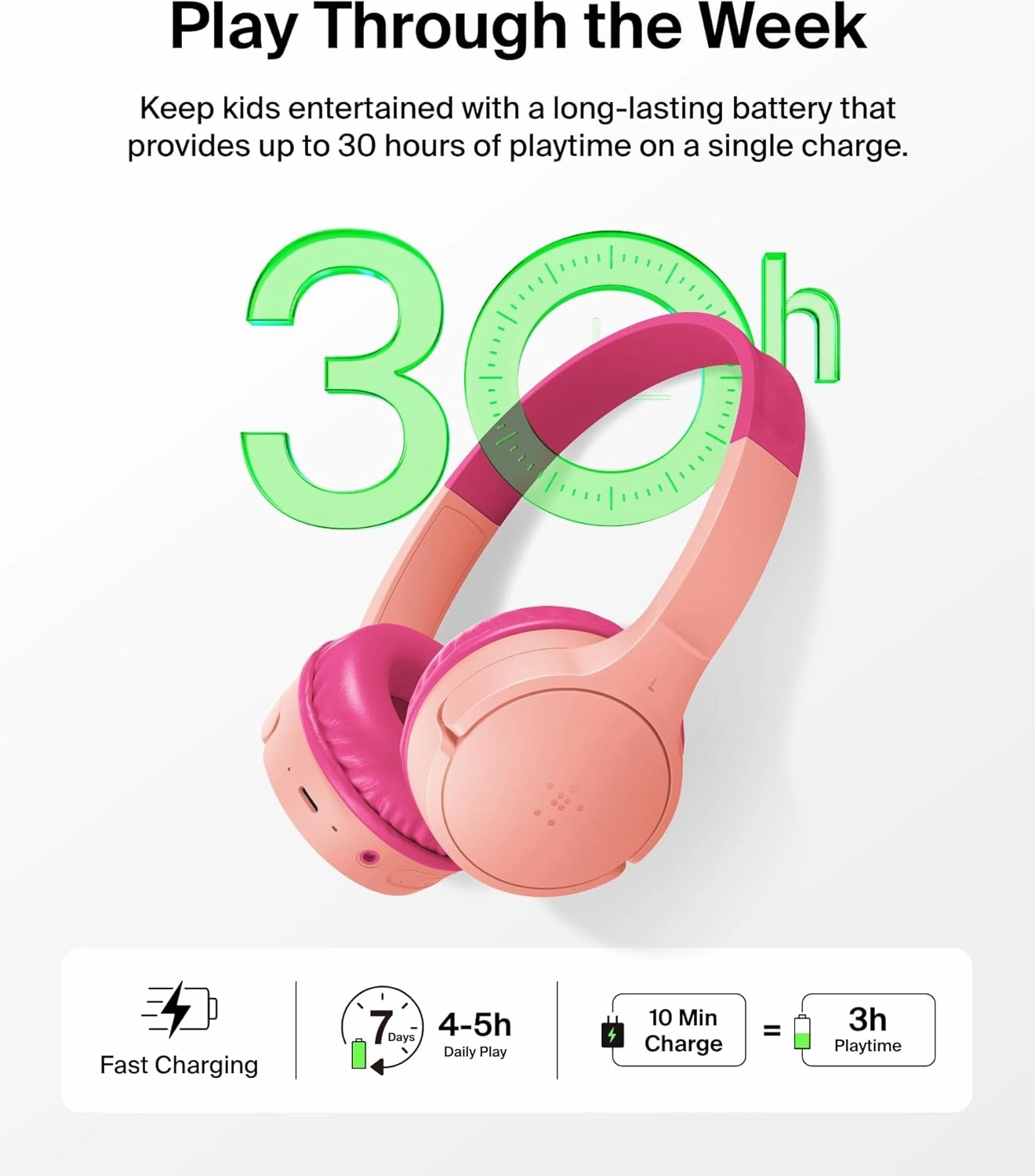 Belkin SoundForm Mini w/Case - Wireless Bluetooth Kids Headphones with 30H Battery Life, 85dB Safe Volume Limit, Built-in Microphone - Kids On-Ear Earphones for iPhone, iPad, & More - Pink