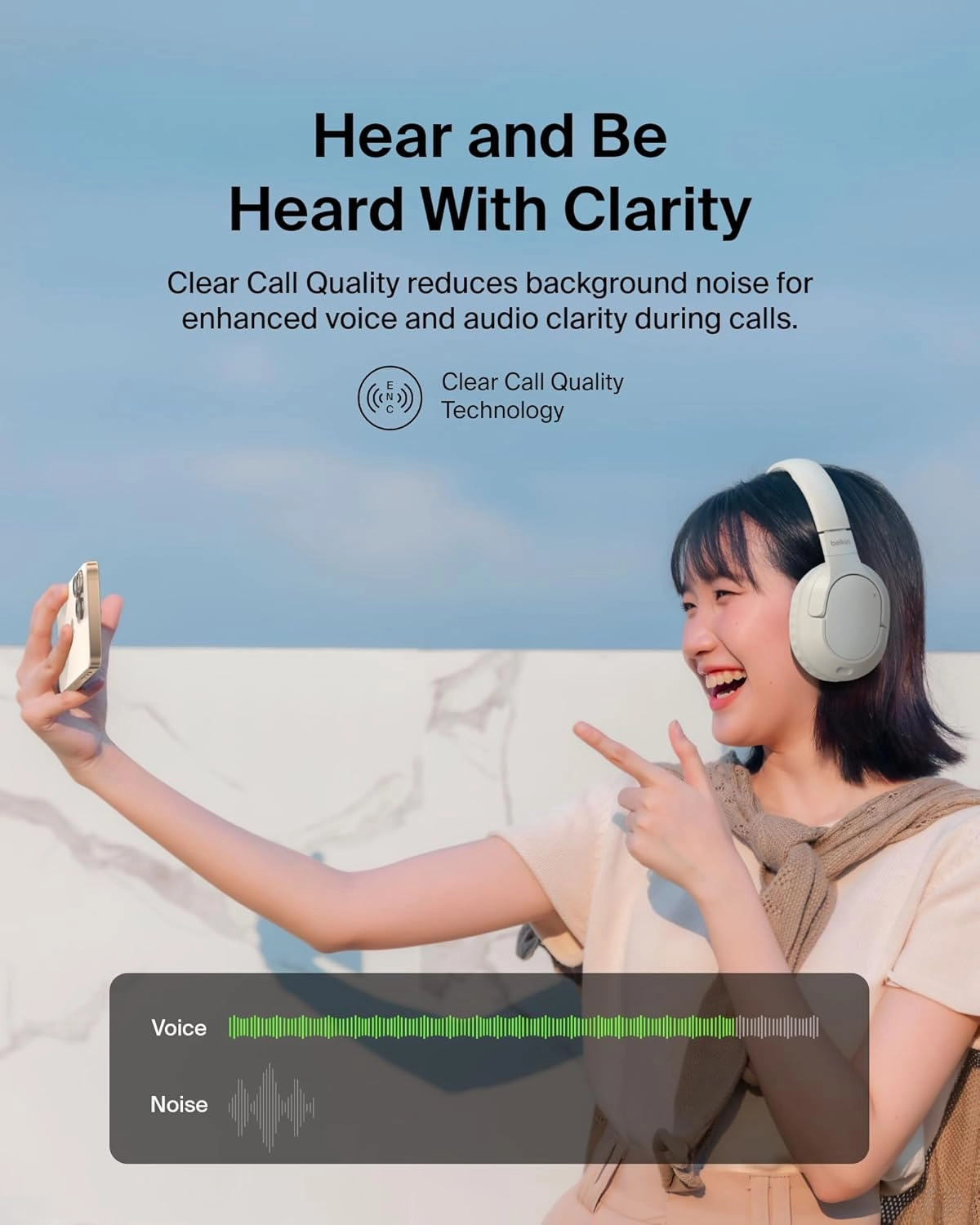 Belkin SoundForm Surround Bluetooth Over-Ear Headphones - Environmental Noise Cancelling Headphones - Wireless w/ 60H Playtime & Soft Ear Cups for iPhone, Galaxy, iPad, Travel, Home, or Office - Sand