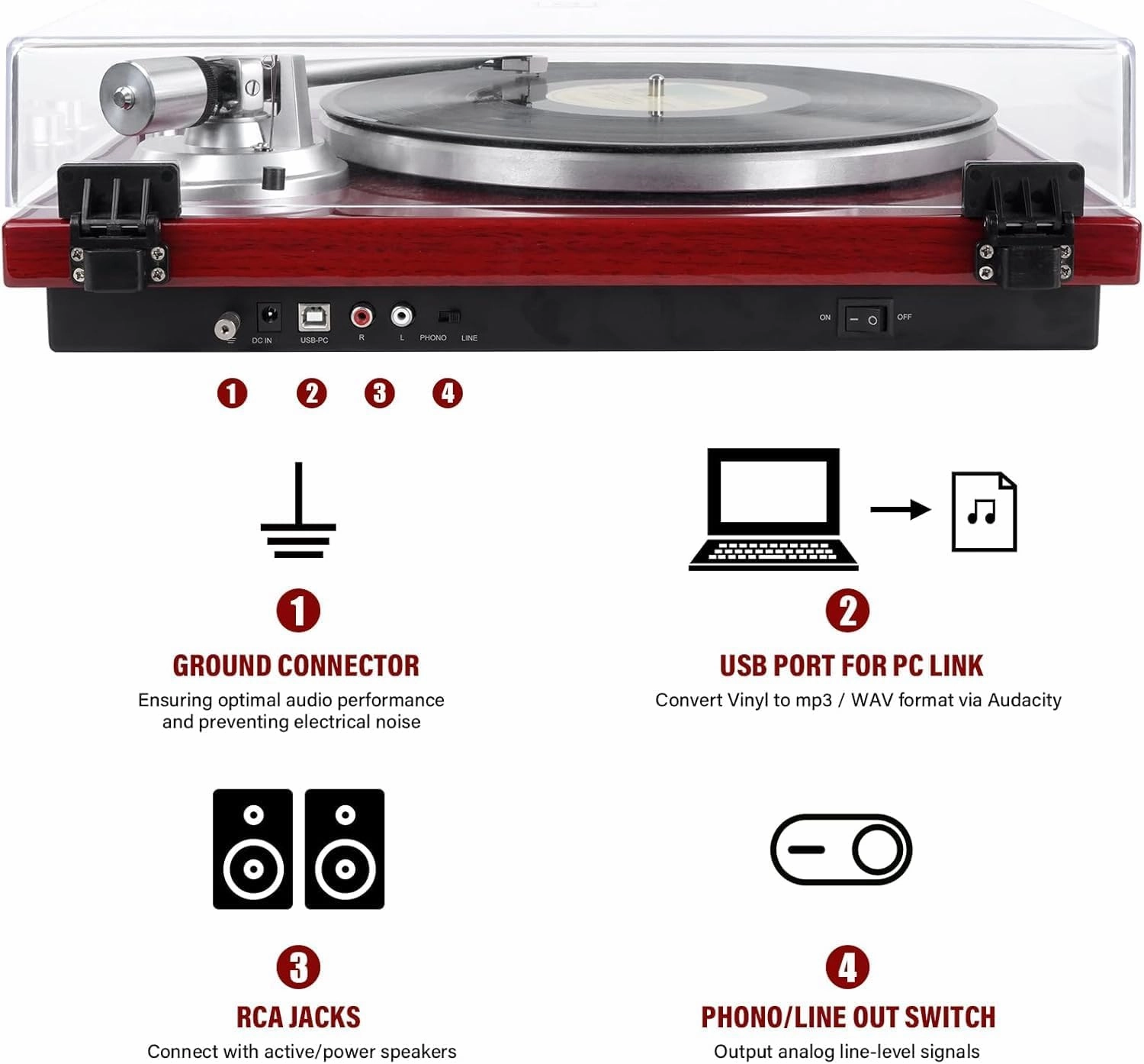 Belt Drive Turntable for Vinyl Record Player,Connect with Bluetooth Speakers or Active Speaker,Built-in Phono Pre-amp,USB Digital Output, Magnetic Cartridge,High-Gloss Wood Design(Red)