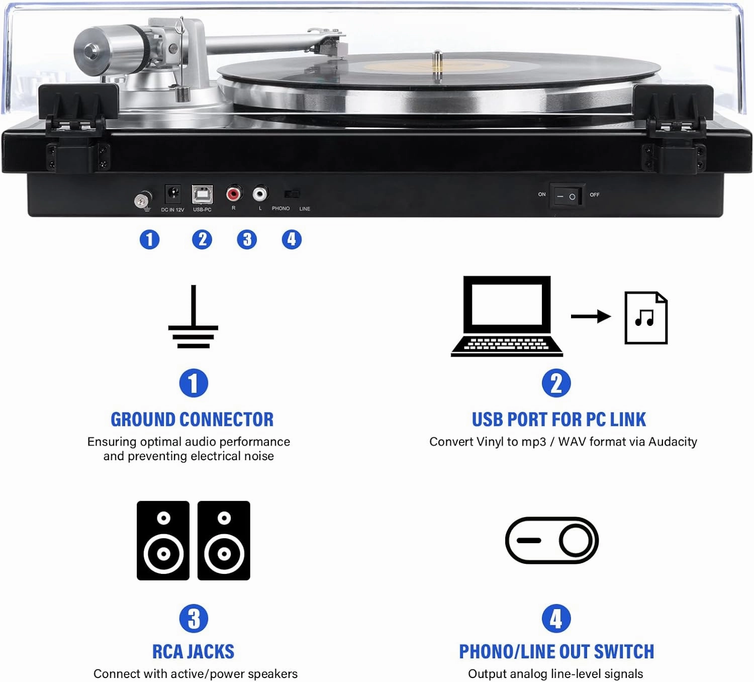 Belt Drive Turntable for Vinyl Record Player,Work with Bluetooth Speakers or Active Speaker,Built-in Phono Pre-amp,USB Digital Output,Magnetic Cartridge, 33/45 RPM,High-Gloss Wood Design
