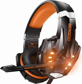 BENGOO G9000 Stereo Gaming Headset for PS4, PC, Xbox One Controller, Noise Cancelling Over Ear Headphones with Mic, LED Light, Bass Surround, Soft Memory Earmuffs (Orange) over-ear headphones,closed back headphones,wireless studio cans,