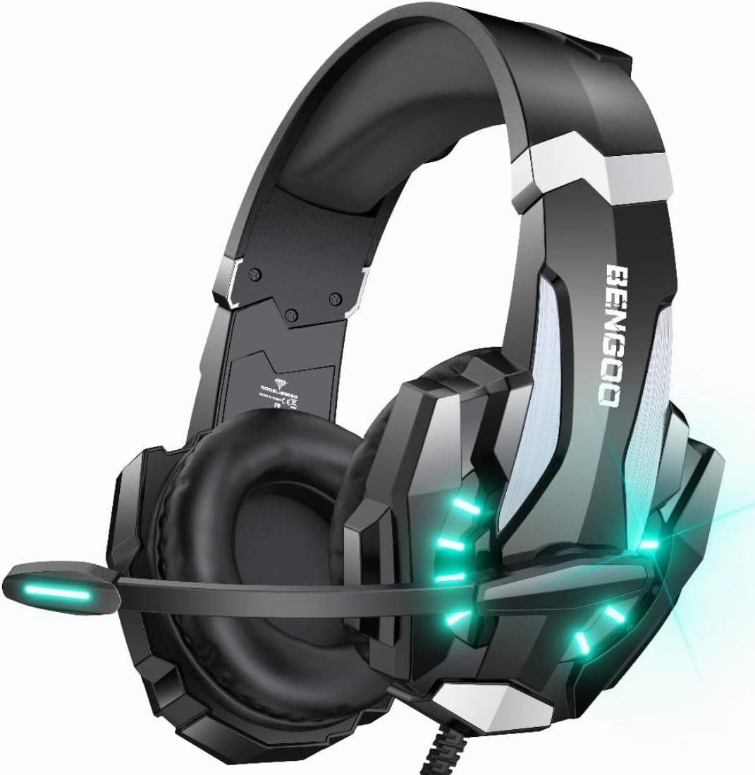 BENGOO G9000 Stereo Gaming Headset for PS4 PC Xbox One PS5 Controller, Noise Cancelling Over Ear Headphones with Mic, LED Light, Bass Surround, Soft Memory Earmuffs for Laptop Mac - Black over-ear headphones,closed back headphones,wireless studio cans,