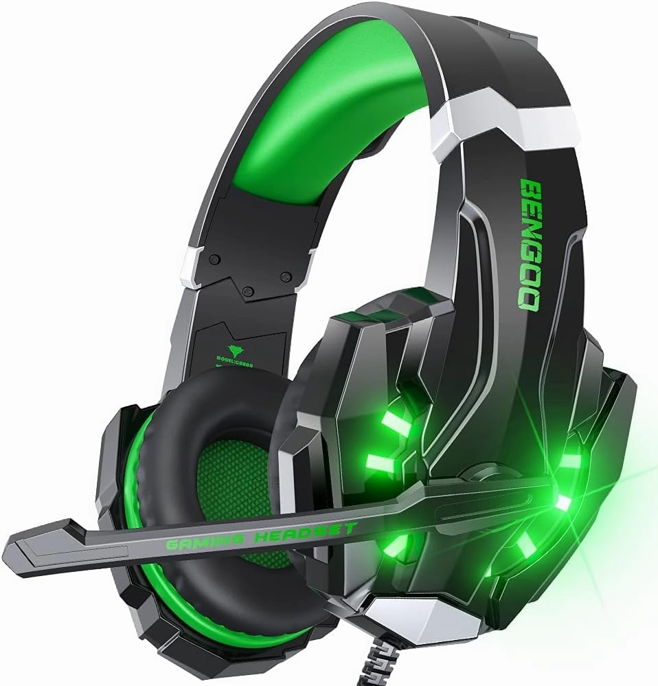 BENGOO G9000 Stereo Gaming Headset for PS4 PC Xbox One PS5 Controller, Noise Cancelling Over Ear Headphones with Mic, LED Light, Bass Surround, Soft Memory Earmuffs for Laptop Mac - Green over-ear headphones,closed back headphones,wireless studio cans,