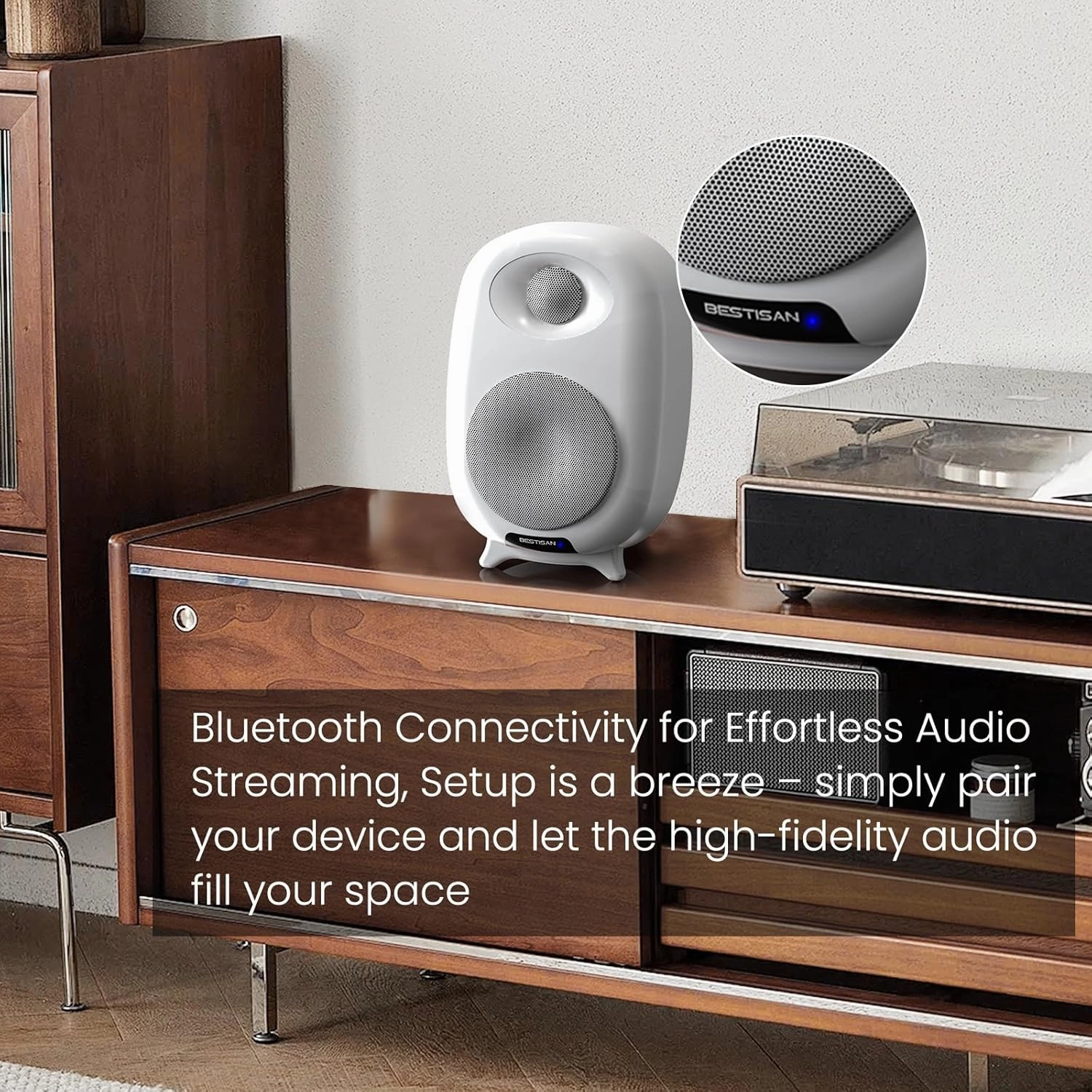 BESTISAN Bluetooth Bookshelf RCA Speakers for Record Player, Turntable Speaker with 4 inch Woofer, Optical/RCA Inputs for PC and TV, White, Pair, SR06