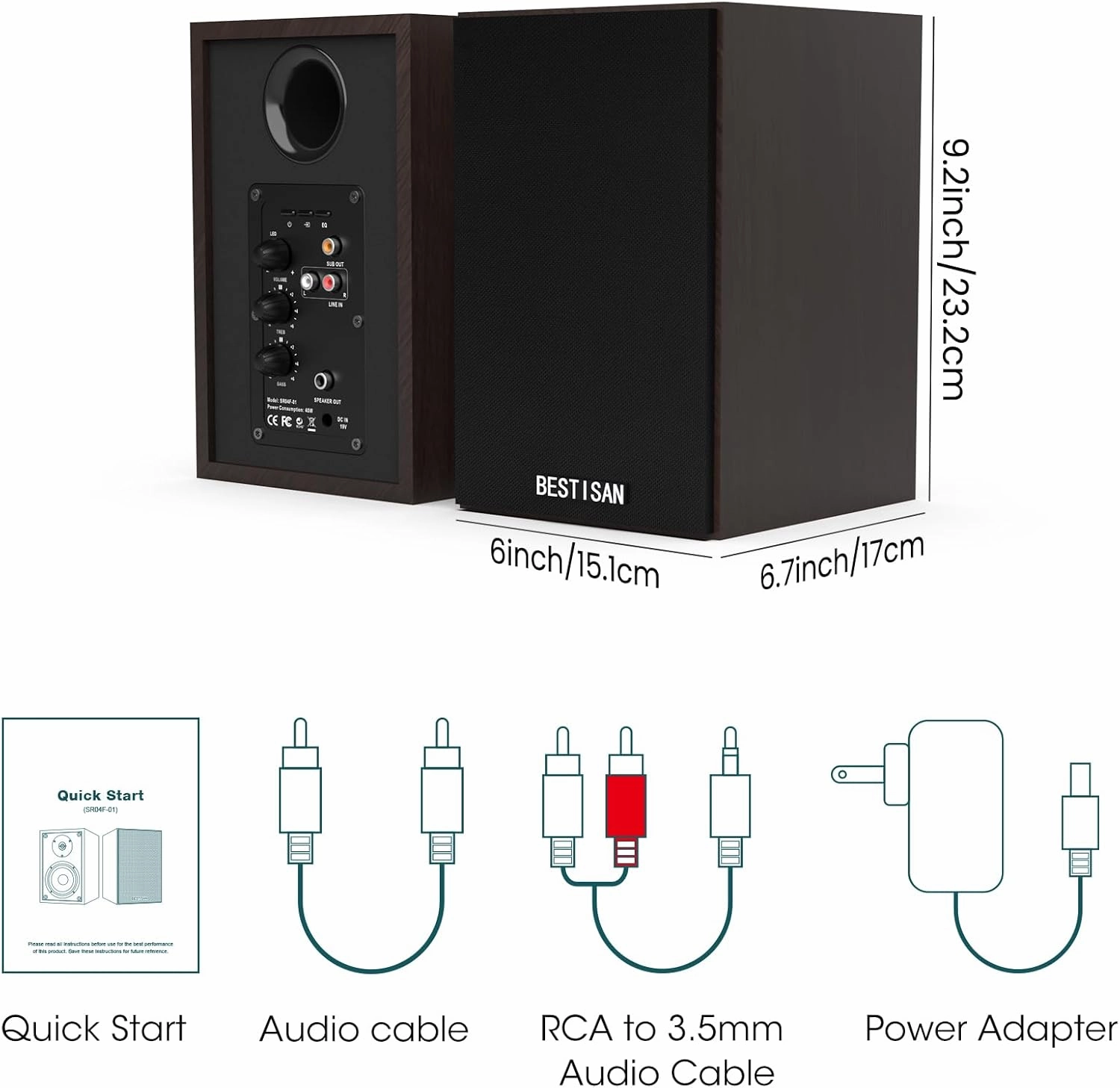BESTISAN Bookshelf Speakers, Powered Bluetooth Speakers with RCA Input and Sub Output, Wireless Bluetooth Speakers with 4 Inch Woofer, Wood Grain