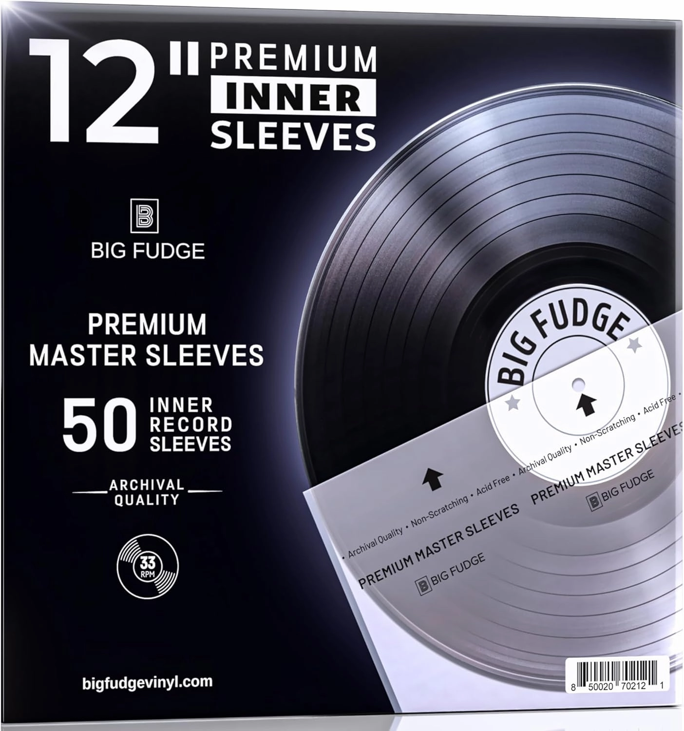 Big Fudge 50x Premium Vinyl Record Inner Sleeves - Clear 3-Ply Album Covers with Anti-Static Rice Paper - Master Vinyl Record Sleeves - Acid Free Protective Cover for 12" Records vinyl storage,record holder,LP organizer,