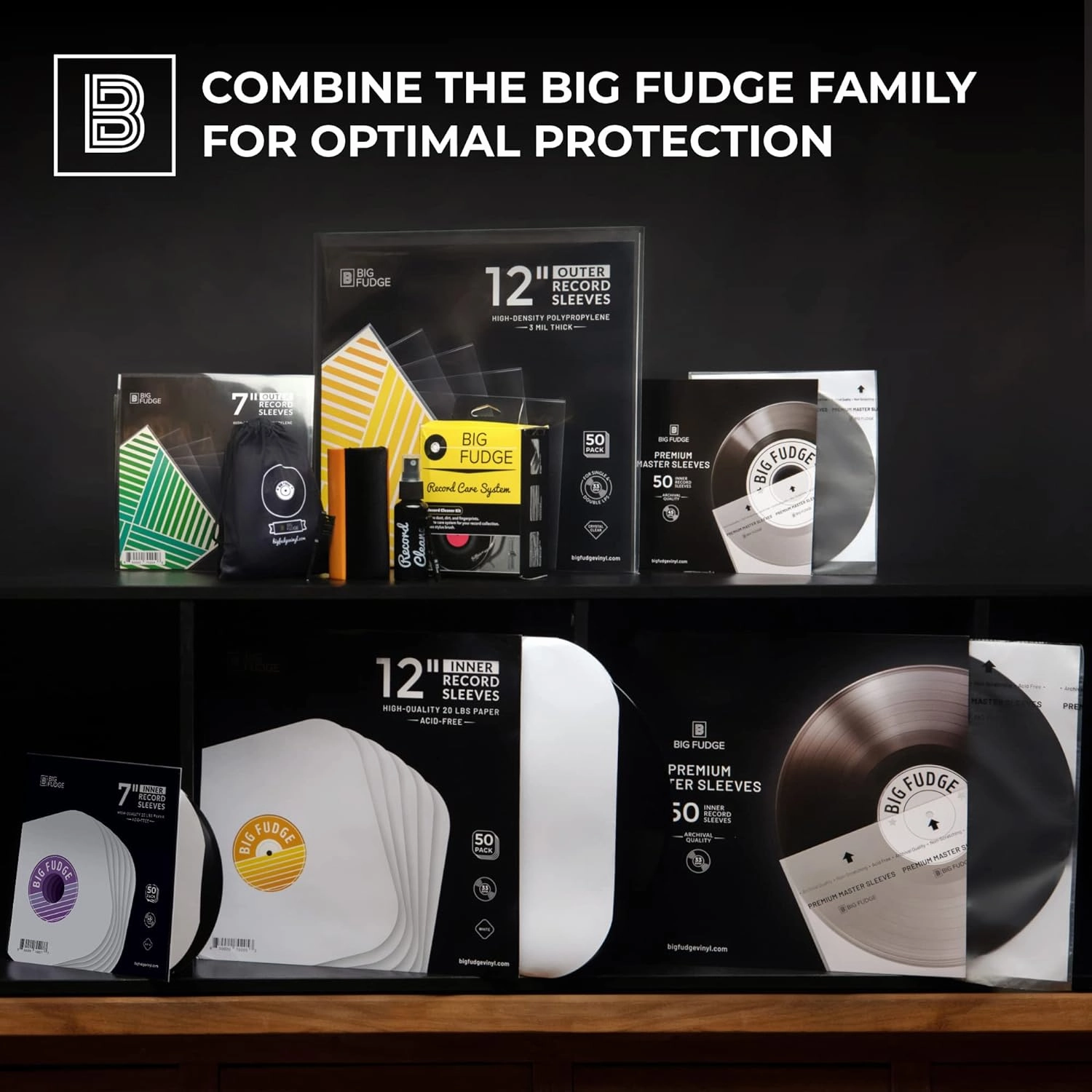 Big Fudge 50x Premium Vinyl Record Inner Sleeves - Clear 3-Ply Album Covers with Anti-Static Rice Paper - Master Vinyl Record Sleeves - Acid Free Protective Cover for 12" Records