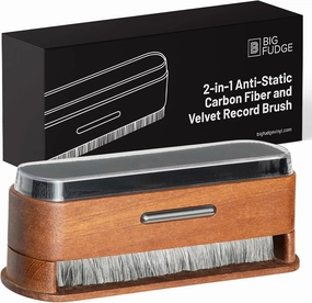 Big Fudge Vinyl 2-in-1 Wooden Record Cleaning Brush - Record Player Accessories and Gifts - LP Cleaner and Static Dissipator - Carbon Fibre and Velvet Brush Kit for Vinyl Records record cleaning kit,vinyl cleaner,stylus brush set,