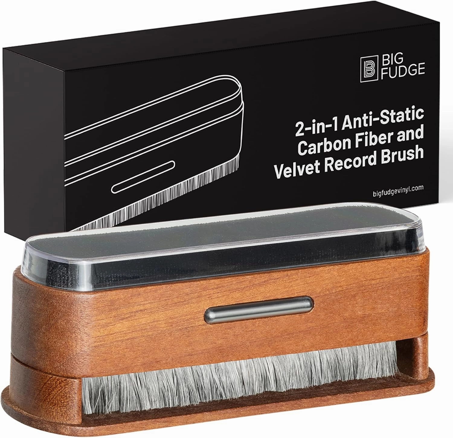 Big Fudge Vinyl 2-in-1 Wooden Record Cleaning Brush - Record Player Accessories and Gifts - LP Cleaner and Static Dissipator - Carbon Fibre and Velvet Brush Kit for Vinyl Records record cleaning kit,vinyl cleaner,stylus brush set,