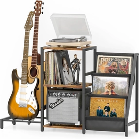 Bikoney Record Player Stand, Guitar Stand for Acoustic, Electric Guitar, Bass with Amp Stand, 3-Tier Vinyl Record Storage Up to 200 Albums, Record Player Table for Record Player, Speaker, Amplifier vinyl accessories,turntable parts,record player tools,