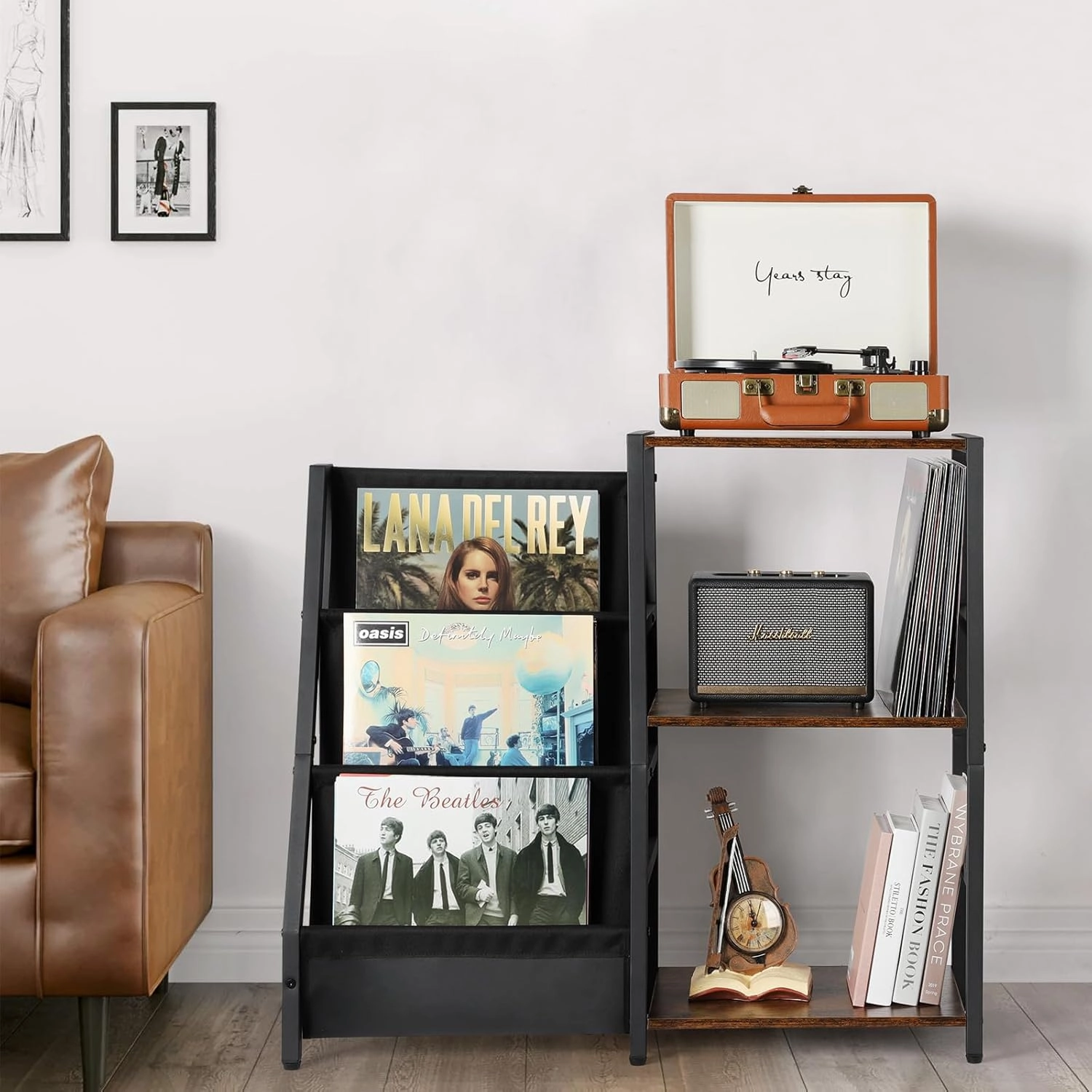 Bikoney Record Player Stand, Turntable Stand with 3-Tier Vinyl Record Storage, Record Player Table 200 Albums, End Table with Vinyl Display Holder Shelf, Record Player Cabinet Media Console for Stereo