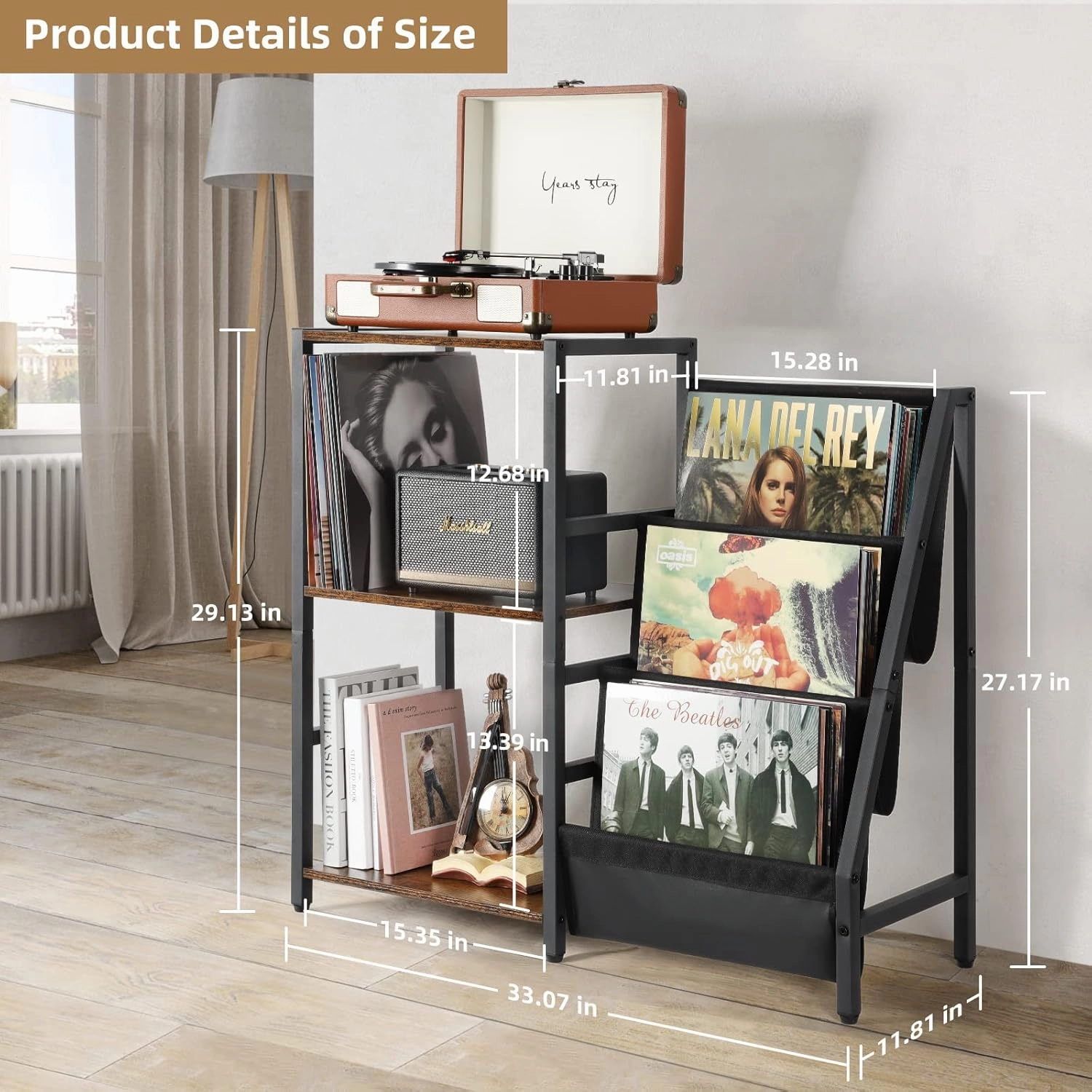 Bikoney Record Player Stand, Turntable Stand with 3-Tier Vinyl Record Storage, Record Player Table 200 Albums, End Table with Vinyl Display Holder Shelf, Record Player Cabinet Media Console for Stereo