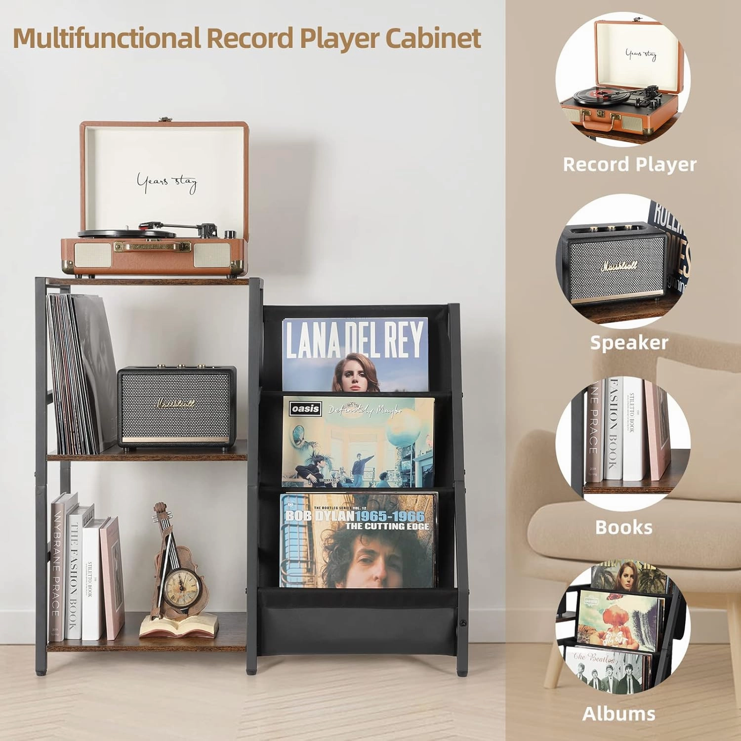 Bikoney Record Player Stand, Turntable Stand with 3-Tier Vinyl Record Storage, Record Player Table 200 Albums, End Table with Vinyl Display Holder Shelf, Record Player Cabinet Media Console for Stereo