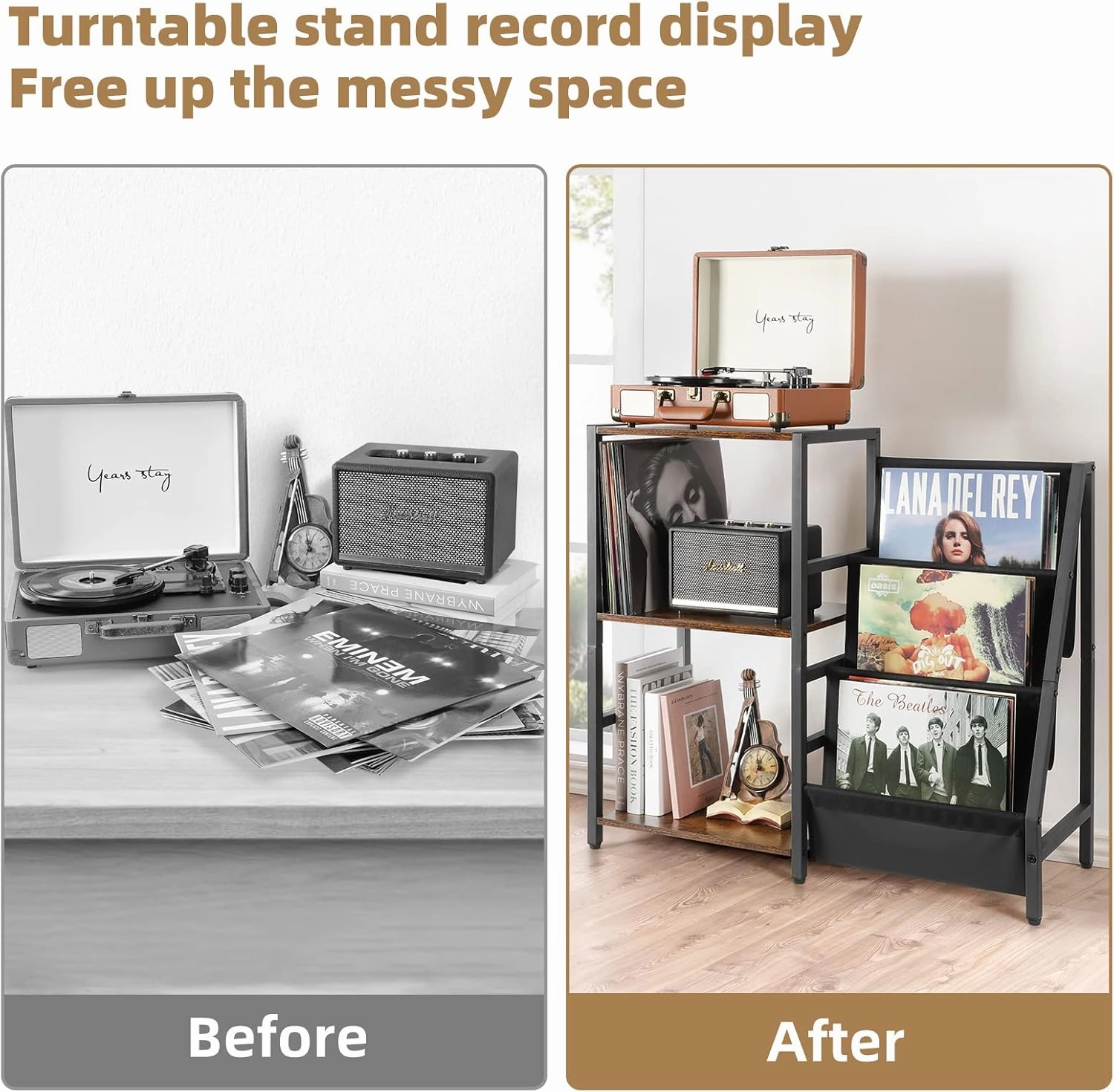 Bikoney Record Player Stand, Turntable Stand with 3-Tier Vinyl Record Storage, Record Player Table 200 Albums, End Table with Vinyl Display Holder Shelf, Record Player Cabinet Media Console for Stereo