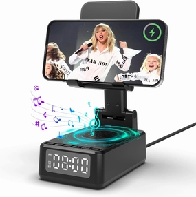 Birthday Gifts for Men Women,6-in-1 Cell Phone Stand Holder with Wireless Bluetooth Speaker & Wireless Charger,Alarm Clock for iPhone,HD Surround Sound Portable Bluetooth Speaker Gifts for Him Her wireless speakers,portable Bluetooth speaker,multiroom 