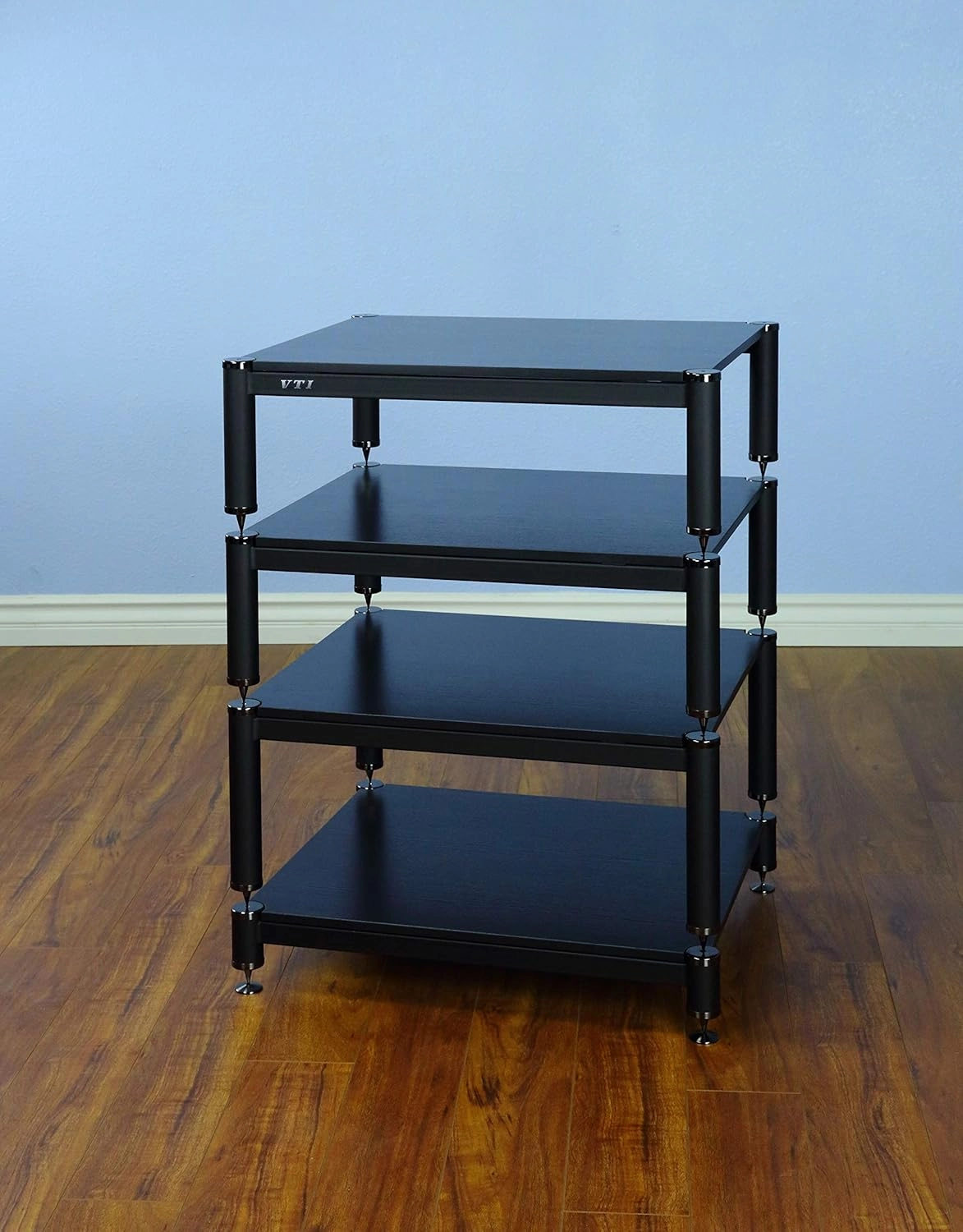 BL404BB - 4 Shelf Audio Rack TV Stand up to 27" TVs with Black Frame, Black Cap/Spikes and Black Shelf. audio rack,hi-fi component stand,media shelf,