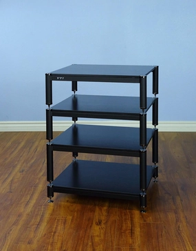 BL404BB - 4 Shelf Audio Rack TV Stand up to 27" TVs with Black Frame, Black Cap/Spikes and Black Shelf. audio rack,hi-fi component stand,media shelf,