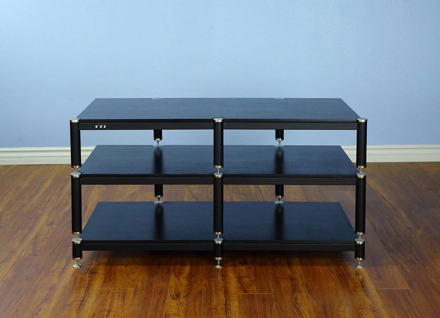 BL503SB - 3 Shelf Audio Rack TV Stand up to 50" TVs with Black Frame, Silver Cap/Spikes and Black Shelf. audio rack,hi-fi component stand,media shelf,