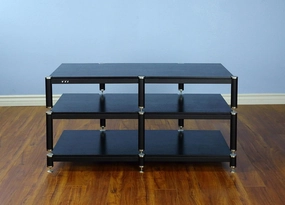 BL503SB - 3 Shelf Audio Rack TV Stand up to 50" TVs with Black Frame, Silver Cap/Spikes and Black Shelf. audio rack,hi-fi component stand,media shelf,