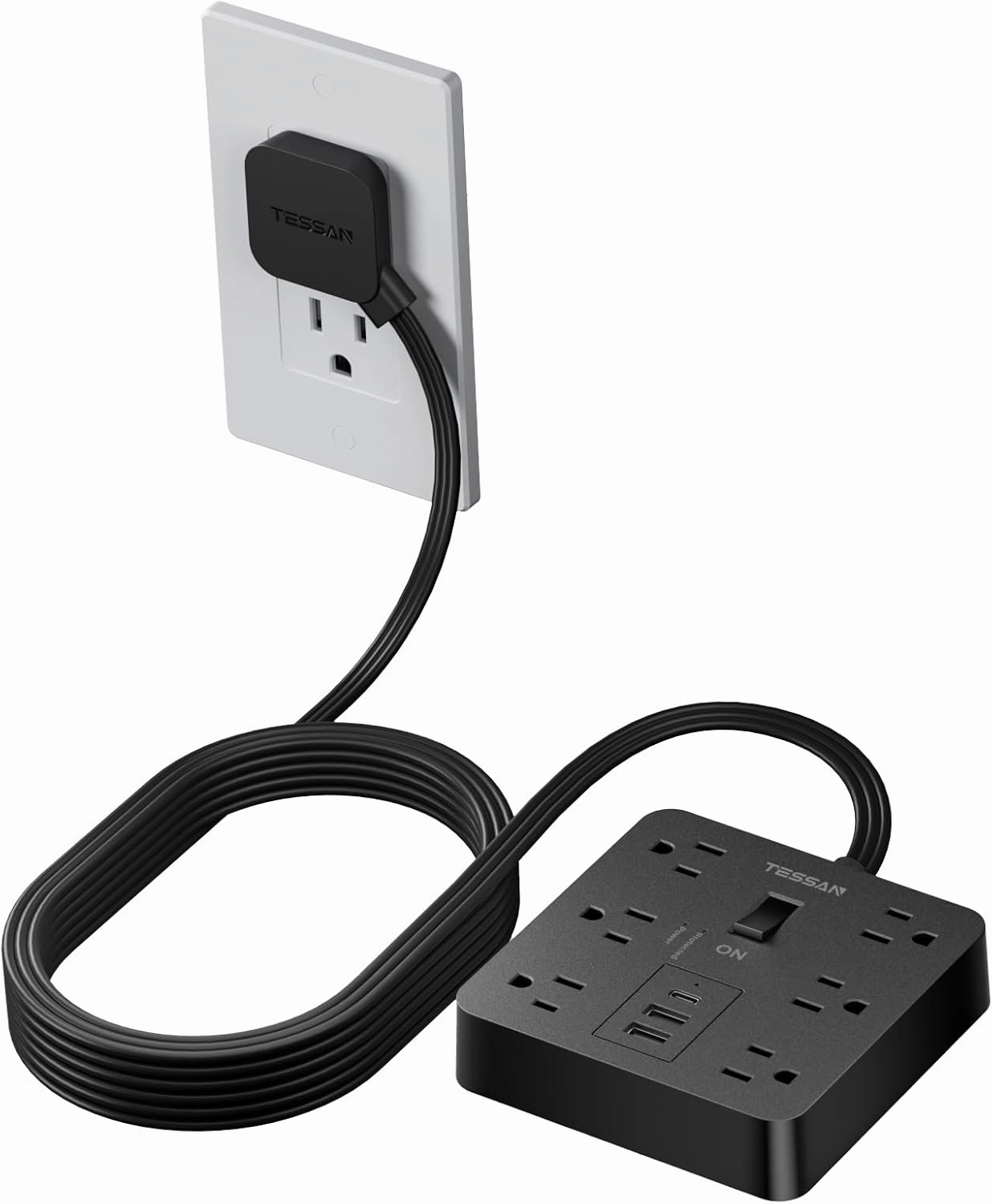 Black Surge Protector Power Strip, TESSAN Flat Plug Extension Cord 5 FT with 6 Outlets 3 USB Charger (1 USB C), 1700J Protection Multiple Outlets Charging Station for Home, Office, College Dorm Room power cord,hi-fi power cable,AC power lead,