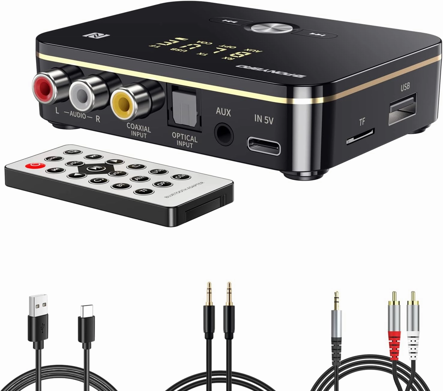 Bluetooth 5.0 Audio Receiver Transmitter 2 in 1 with Remote, Bluetooth Hi-Fi Audio Adapter with 3.5mmRCA,COAXIAL,Optical,NFC,Aptx-LL for Home and Car Stereo, AV Receiver or Amplifier wireless audio bridge,Bluetooth transmitter,WiFi audio link,