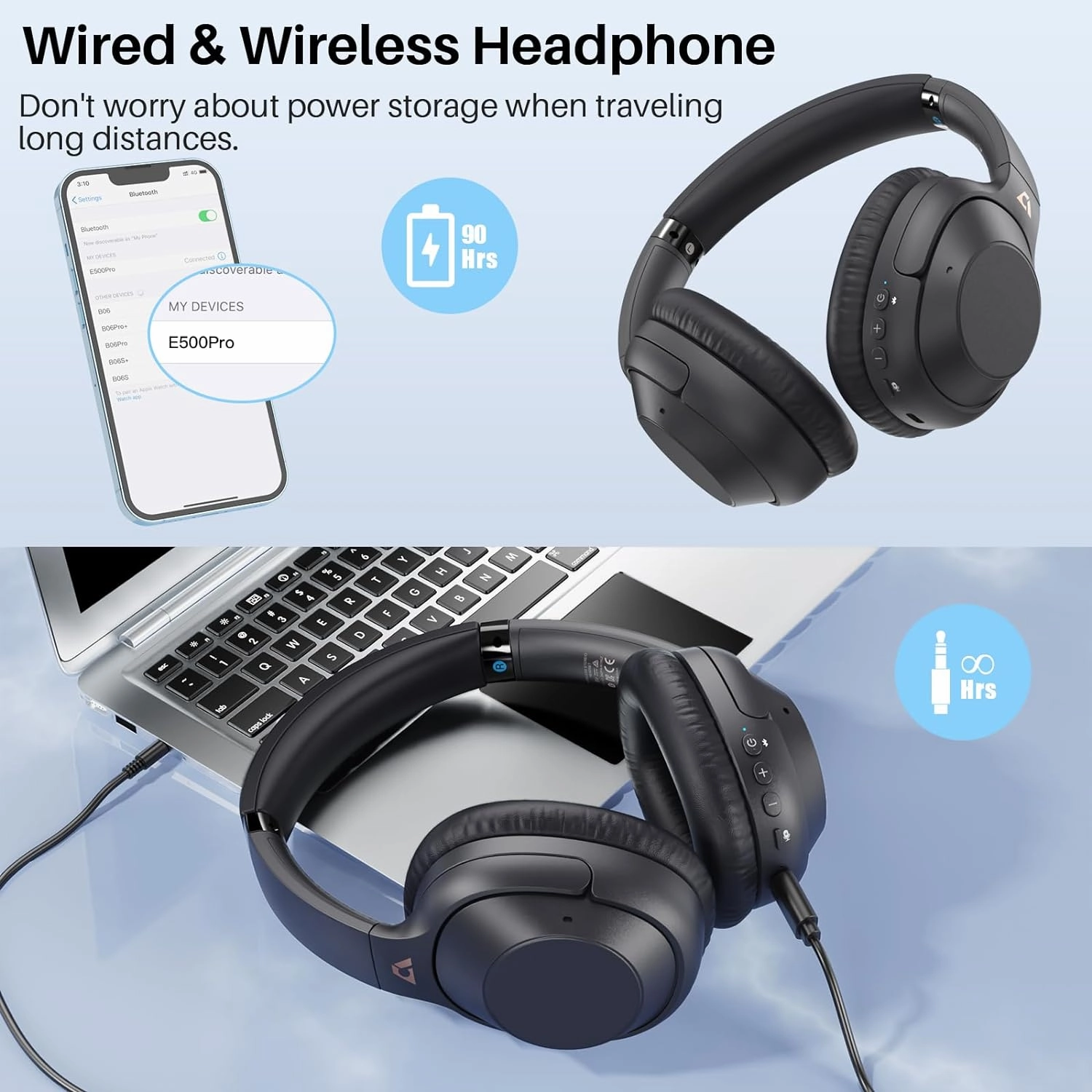 Bluetooth 5.2 Hybrid Active Noise Cancelling Headphones for Airplane Travel, 90H Playtime Wired and Wireless Over Ear ANC Headset for Adults, Android, Home Office