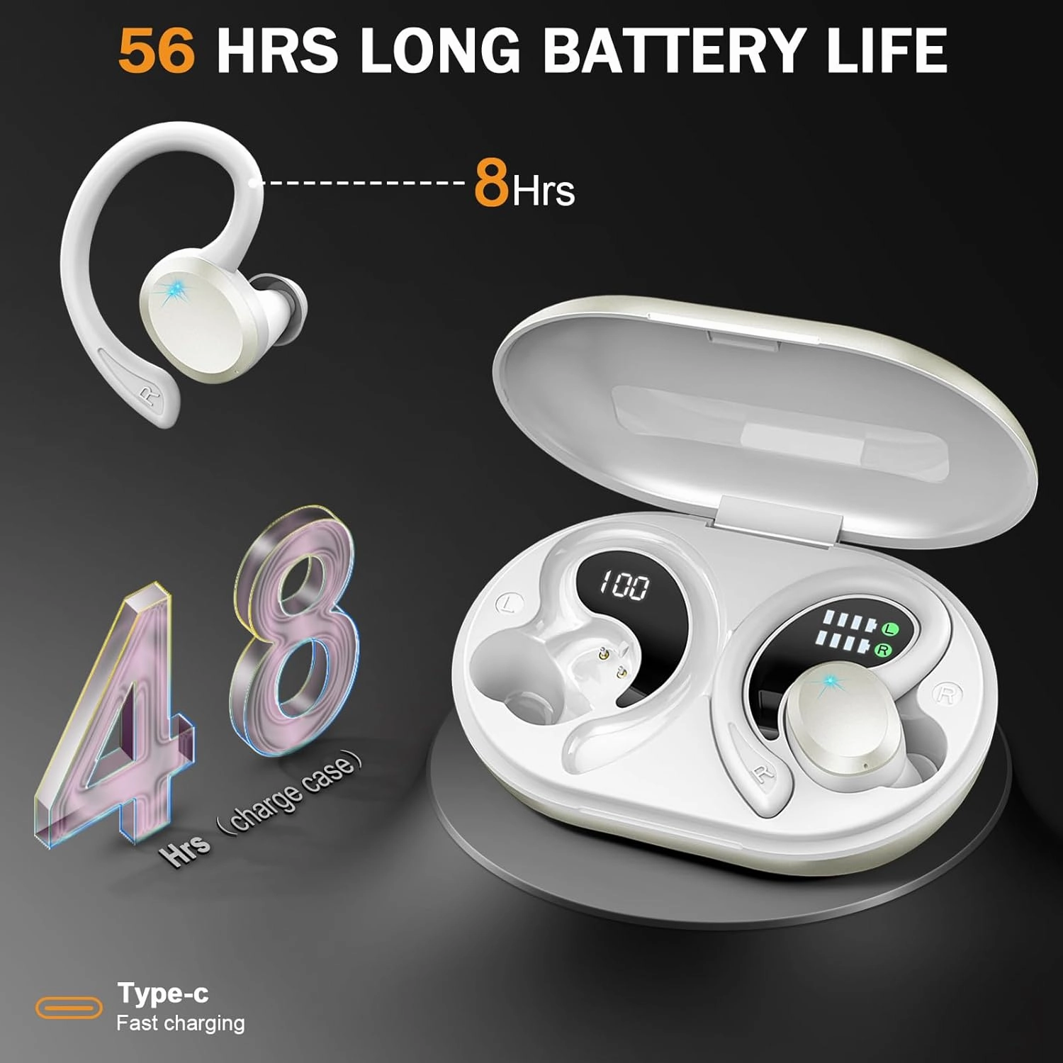 Bluetooth 5.4 Headphones Sport, 2025 Wireless Earbuds Bass Hi-Fi Stereo Over Ear Buds, 56Hrs Noise Cancelling Headset with Earhook, IP7 Waterproof Earphones Workout Running for Laptop Pad Android iOS
