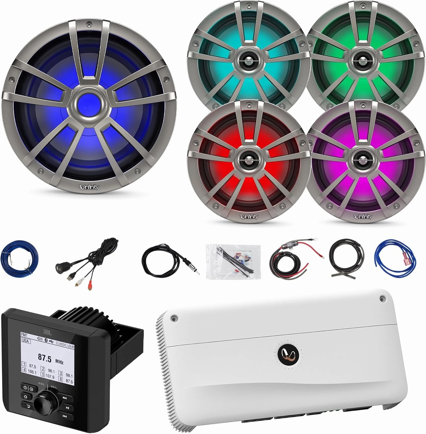 Bluetooth Digital Media Marine Audio Receiver, 4X 6.5 225W Waterproof Boat RGB LED Coaxial Titanium Speakers, 10" RGB LED Titanium Subwoofer, 5 Channel Amp W/Kit, Antenna, USB/AUX Adapter, Wire wireless audio bridge,Bluetooth transmitter,WiFi audio li