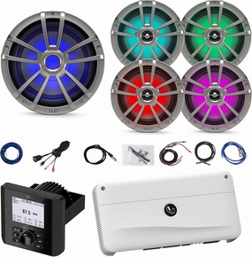 Bluetooth Digital Media Marine Audio Receiver, 4X 6.5 225W Waterproof Boat RGB LED Coaxial Titanium Speakers, 10" RGB LED Titanium Subwoofer, 5 Channel Amp W/Kit, Antenna, USB/AUX Adapter, Wire wireless audio bridge,Bluetooth transmitter,WiFi audio li