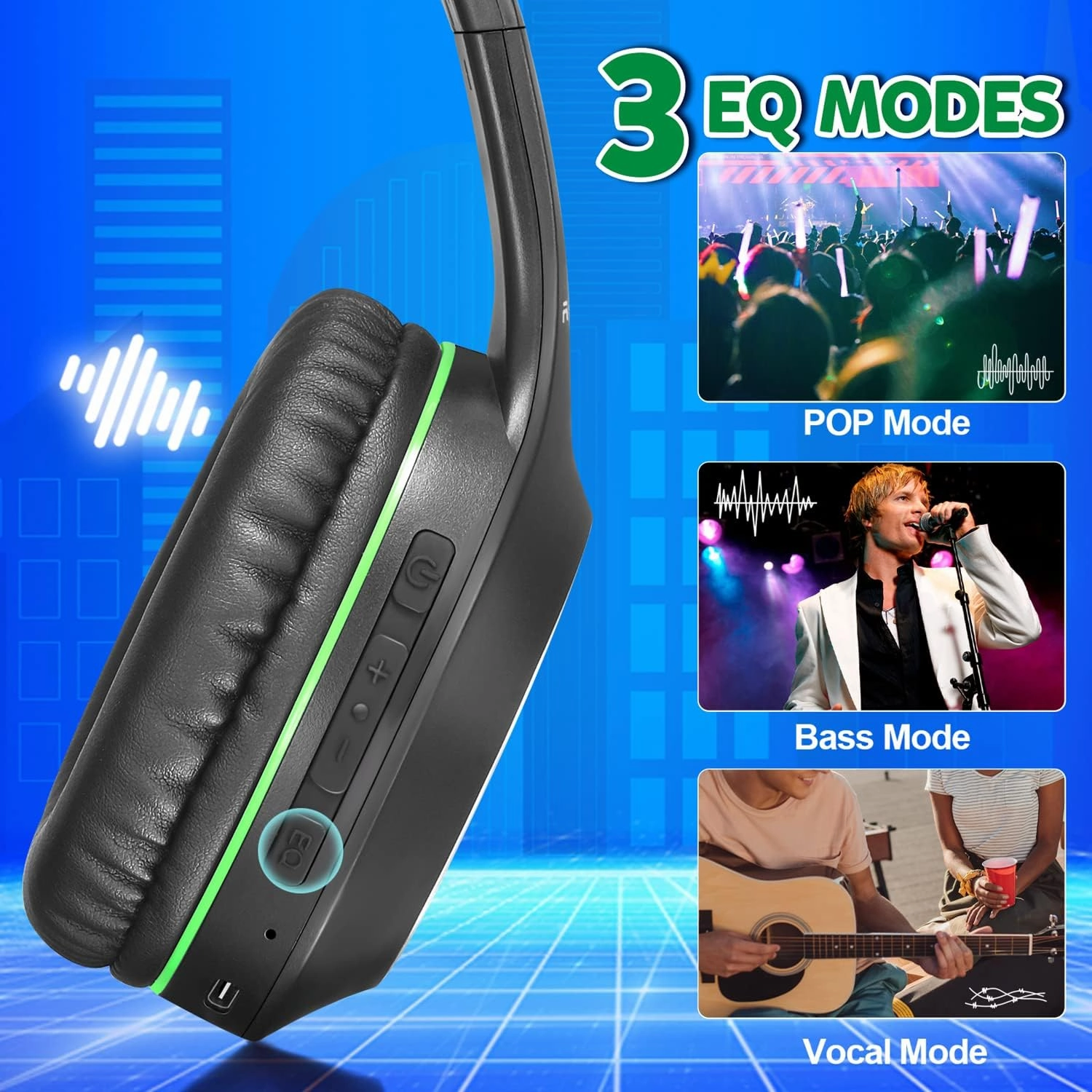 Bluetooth Headphones Over Ear, 68H Playtime 3 EQ Music Modes Wireless Headphones with Microphone/Deep Bass, HiFi Stereo Foldable Headset for PC Home Travel Office (Black Green)
