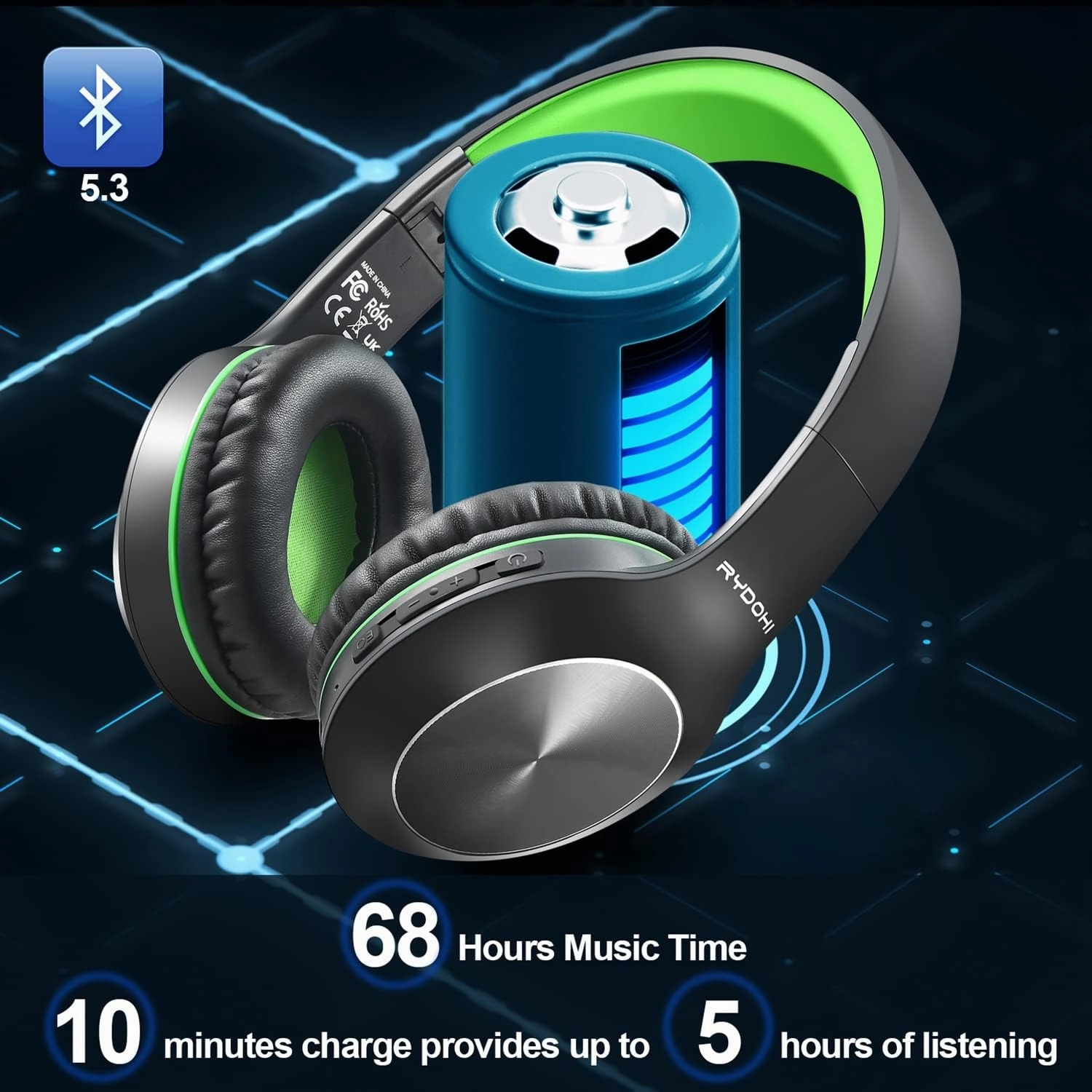 Bluetooth Headphones Over Ear, 68H Playtime 3 EQ Music Modes Wireless Headphones with Microphone/Deep Bass, HiFi Stereo Foldable Headset for PC Home Travel Office (Black Green)