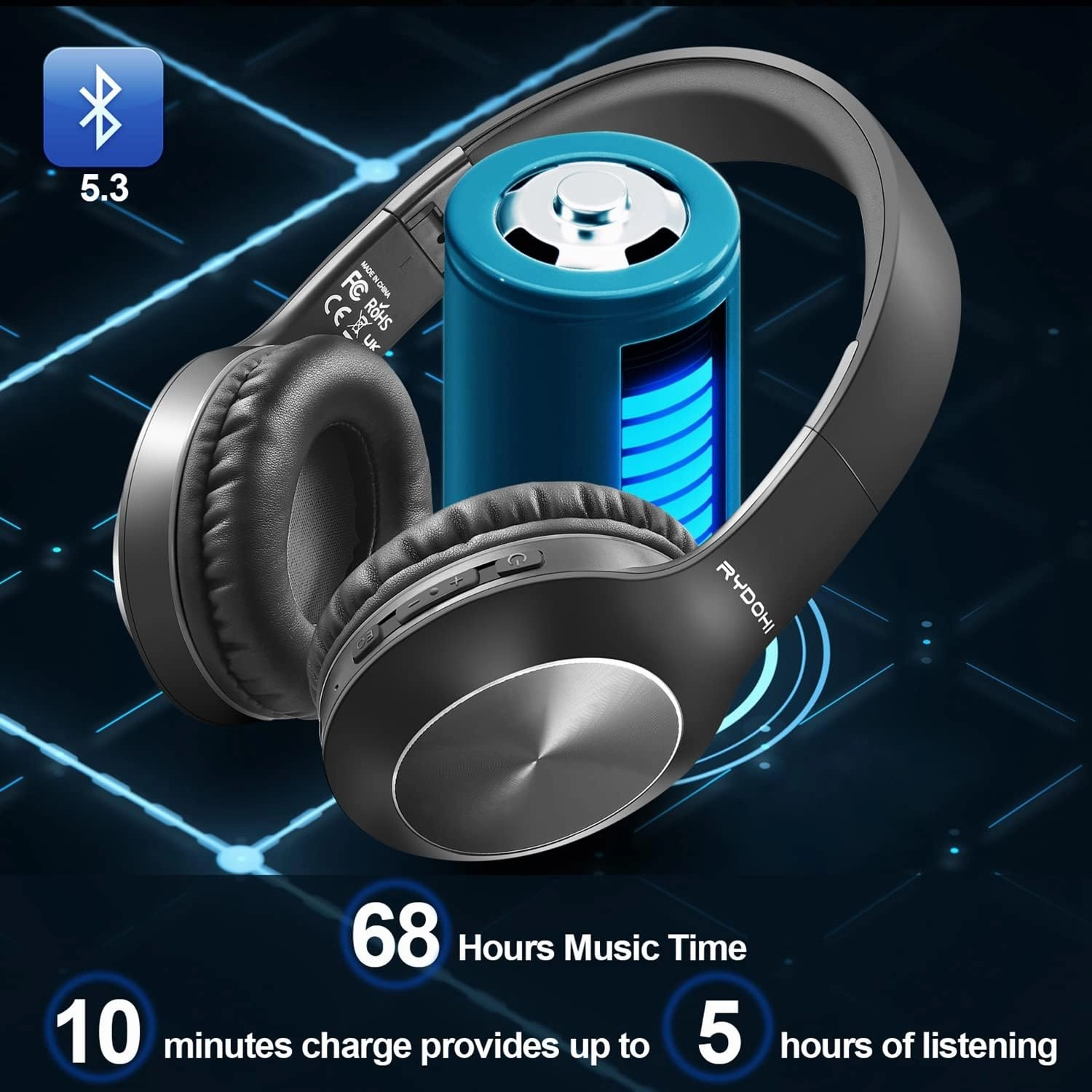 Bluetooth Headphones Over Ear, 68H Playtime and 3 EQ Music Modes Wireless Headphones with Microphone/Deep Bass, HiFi Stereo Foldable Lightweight Headset for PC Home Travel Office Black