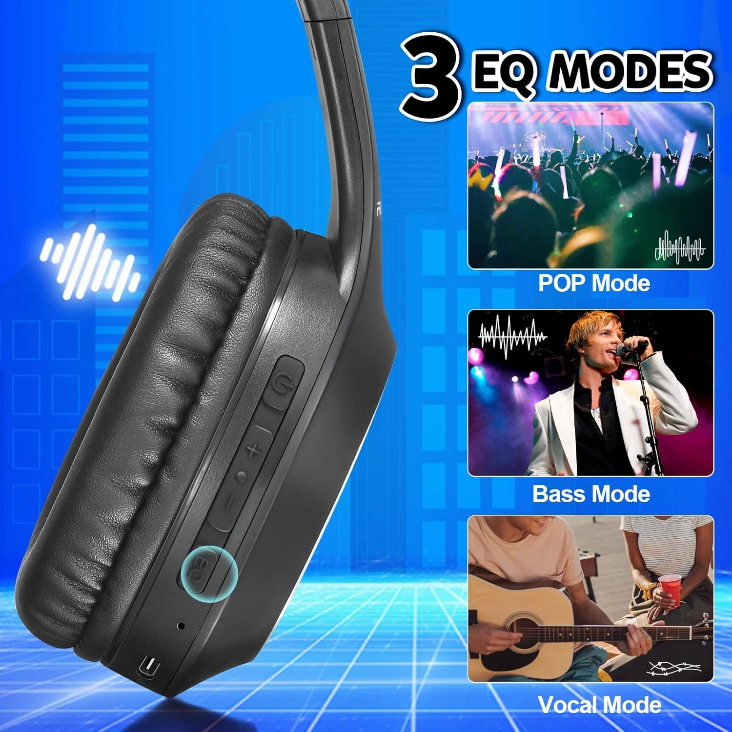 Bluetooth Headphones Over Ear, 68H Playtime and 3 EQ Music Modes Wireless Headphones with Microphone/Deep Bass, HiFi Stereo Foldable Lightweight Headset for PC Home Travel Office Black