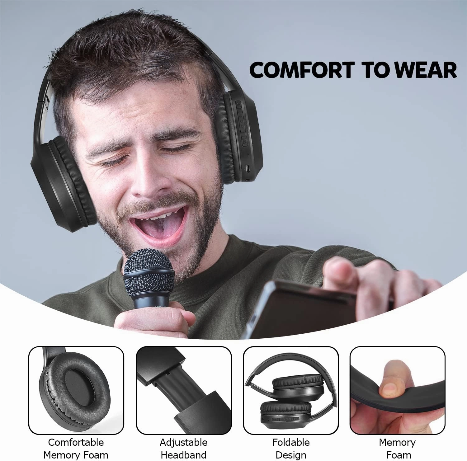 Bluetooth Headphones Over Ear, 68H Playtime and 3 EQ Music Modes Wireless Headphones with Microphone/Deep Bass, HiFi Stereo Foldable Lightweight Headset for PC Home Travel Office Black
