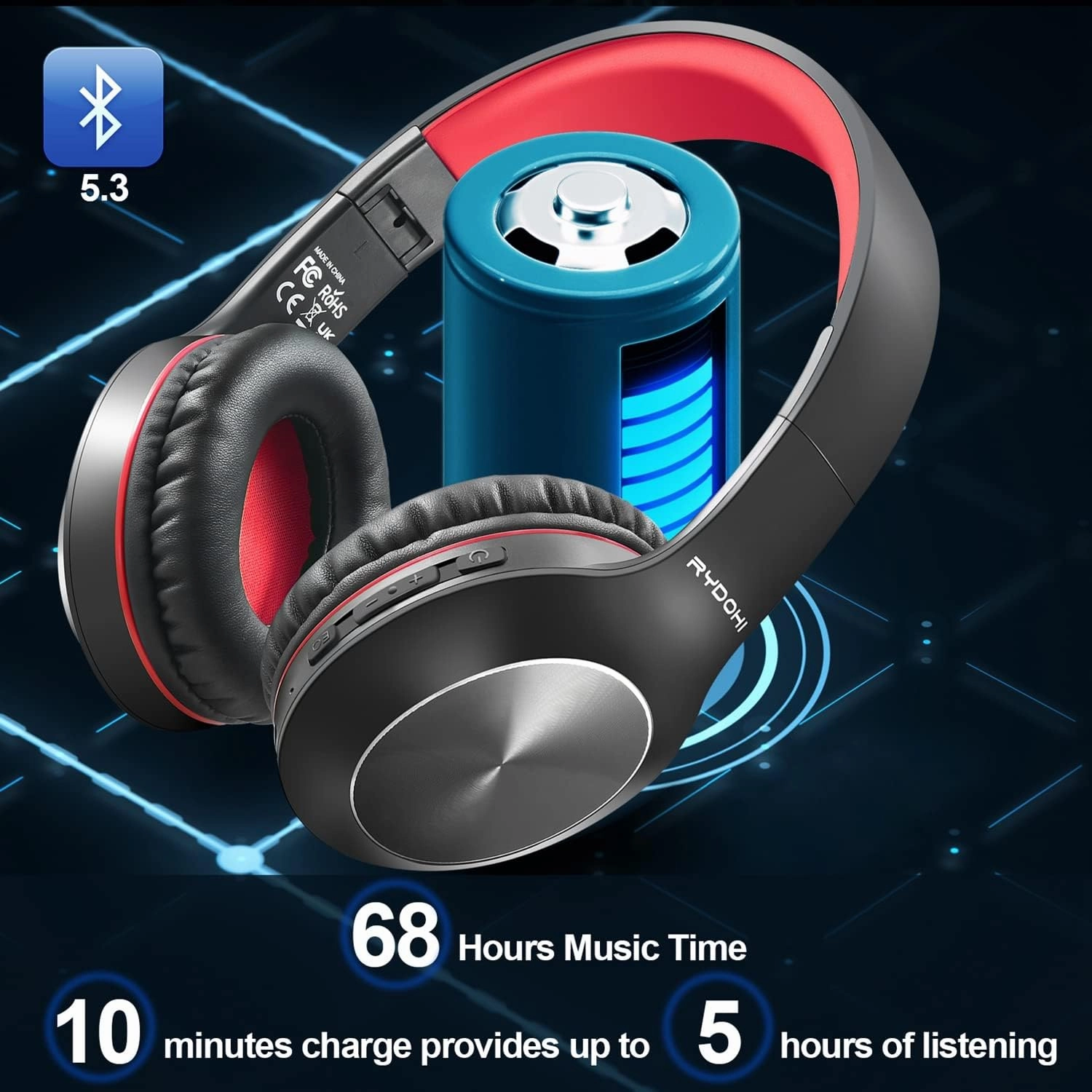 Bluetooth Headphones Over Ear,68H Playtime and 3 EQ Music Modes Wireless Headphones with Microphone/Deep Bass, HiFi Stereo Foldable Lightweight Headset for PC Home Travel Office (Black Red)
