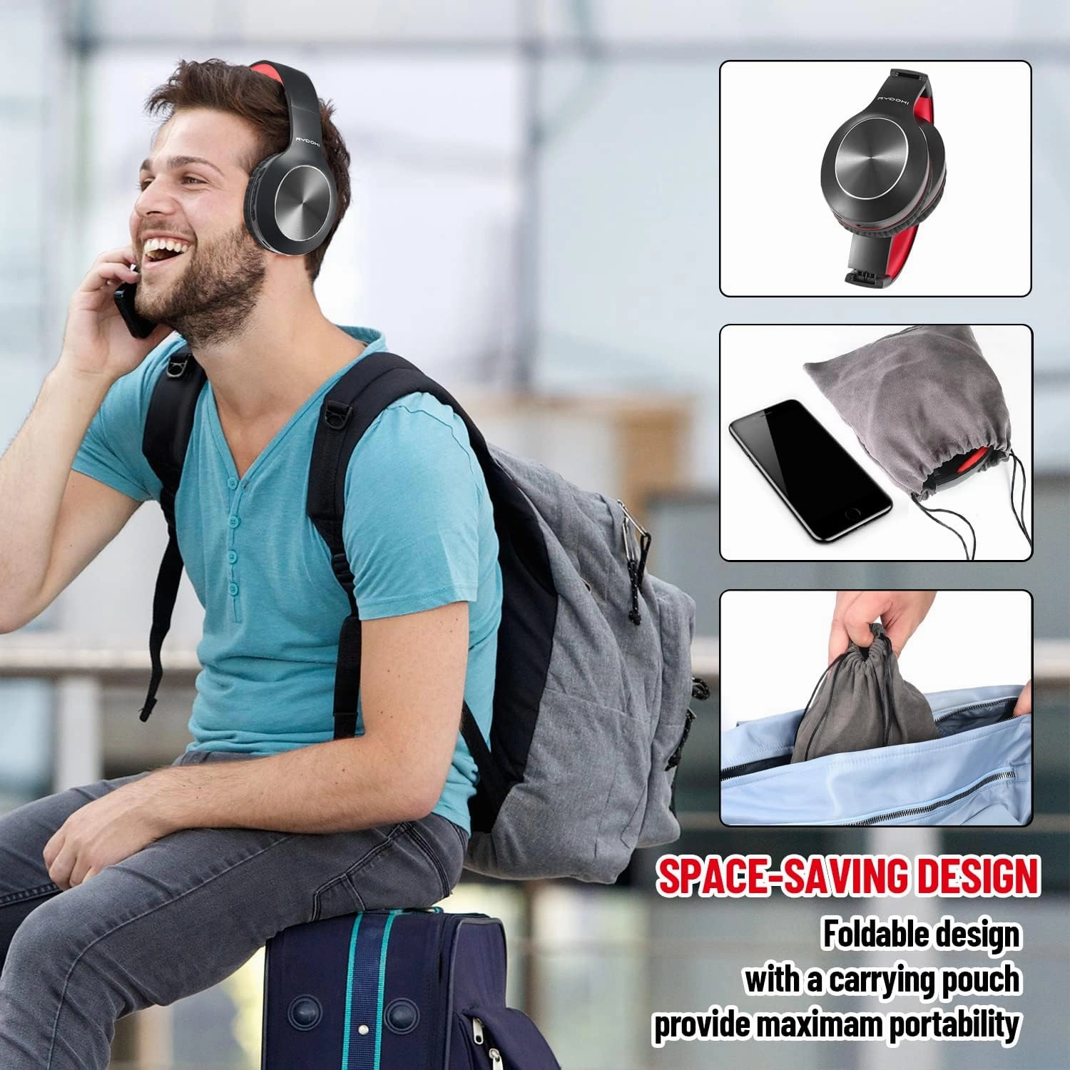 Bluetooth Headphones Over Ear,68H Playtime and 3 EQ Music Modes Wireless Headphones with Microphone/Deep Bass, HiFi Stereo Foldable Lightweight Headset for PC Home Travel Office (Black Red)