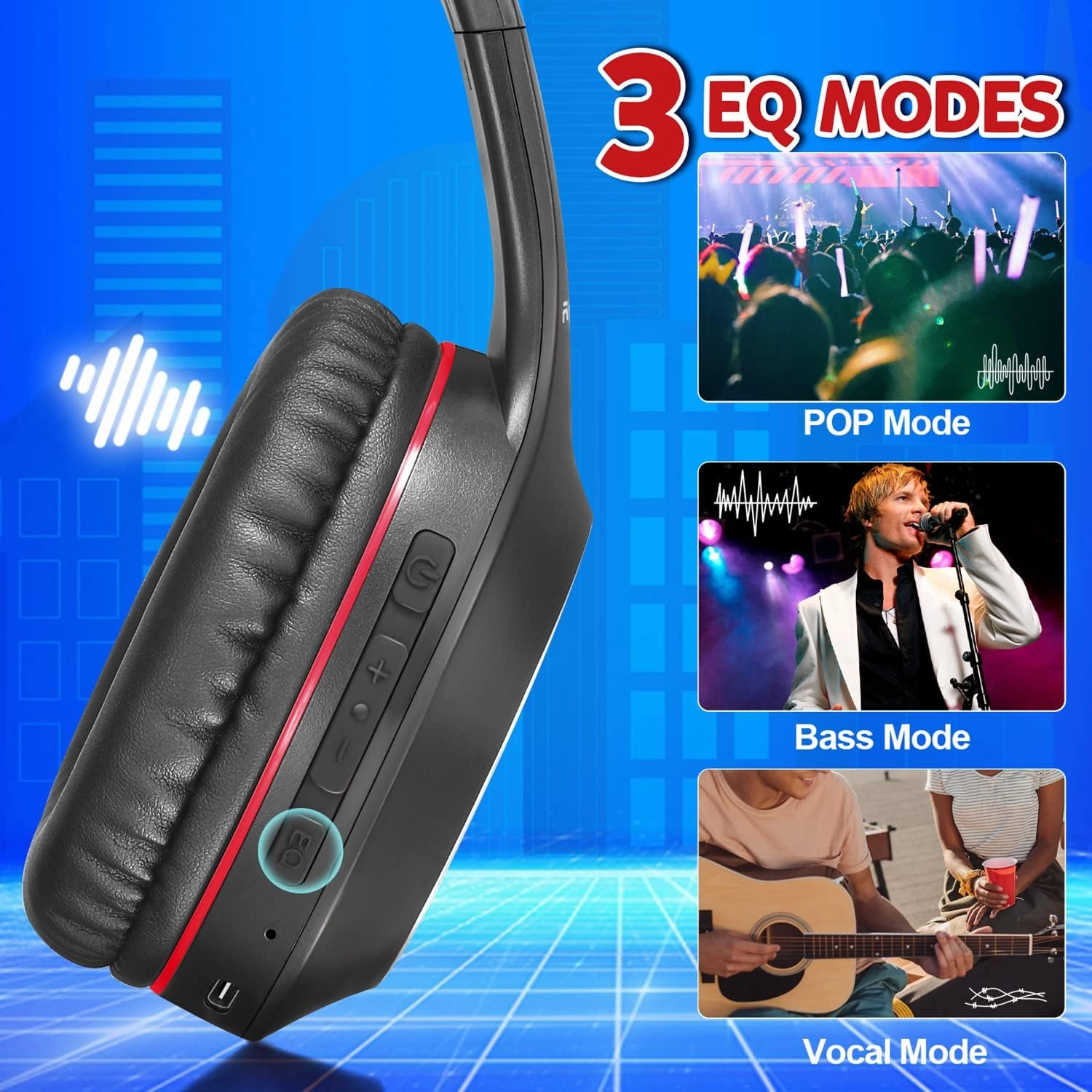 Bluetooth Headphones Over Ear,68H Playtime and 3 EQ Music Modes Wireless Headphones with Microphone/Deep Bass, HiFi Stereo Foldable Lightweight Headset for PC Home Travel Office (Black Red)