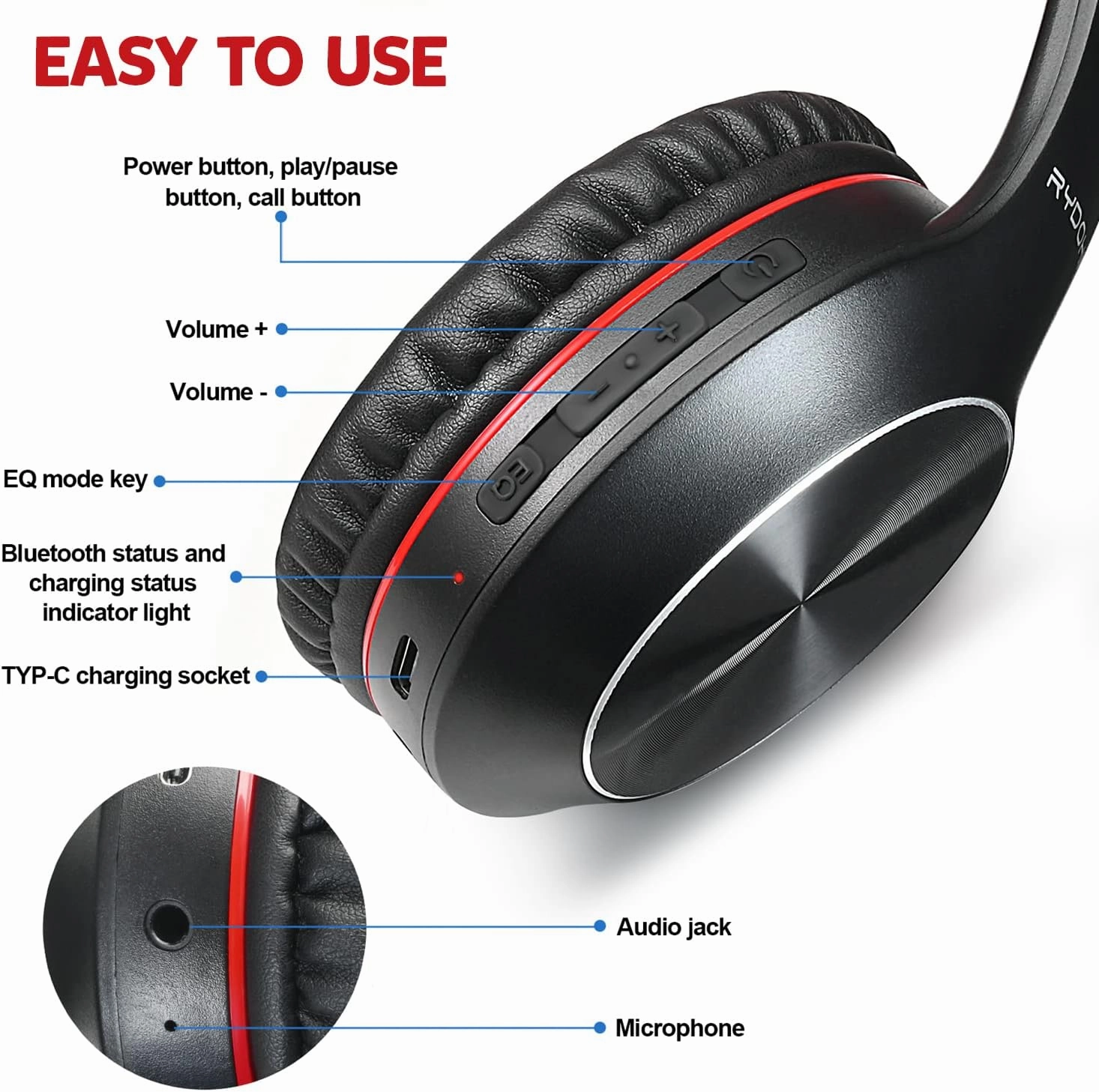 Bluetooth Headphones Over Ear,68H Playtime and 3 EQ Music Modes Wireless Headphones with Microphone/Deep Bass, HiFi Stereo Foldable Lightweight Headset for PC Home Travel Office (Black Red)