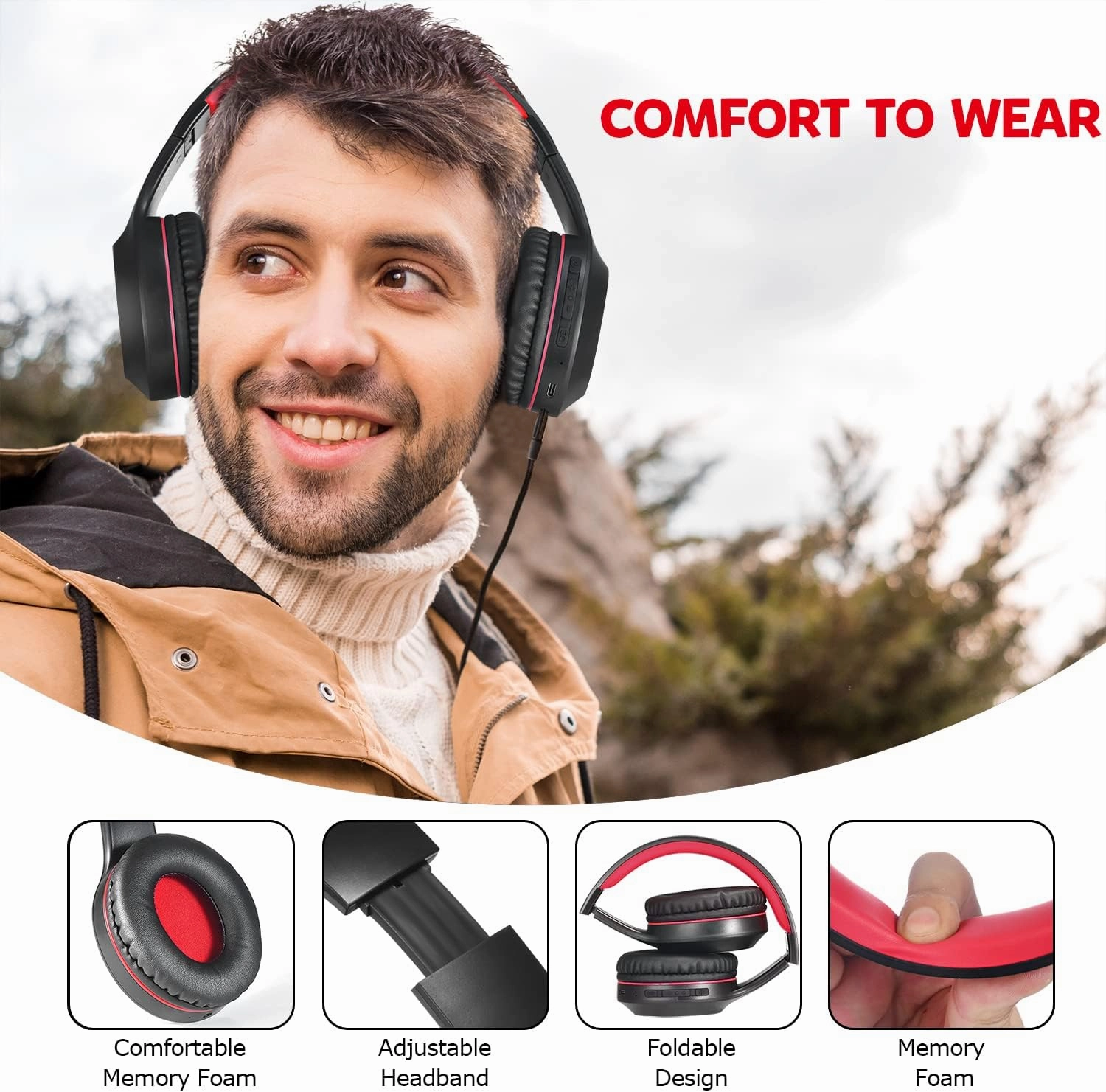 Bluetooth Headphones Over Ear,68H Playtime and 3 EQ Music Modes Wireless Headphones with Microphone/Deep Bass, HiFi Stereo Foldable Lightweight Headset for PC Home Travel Office (Black Red)