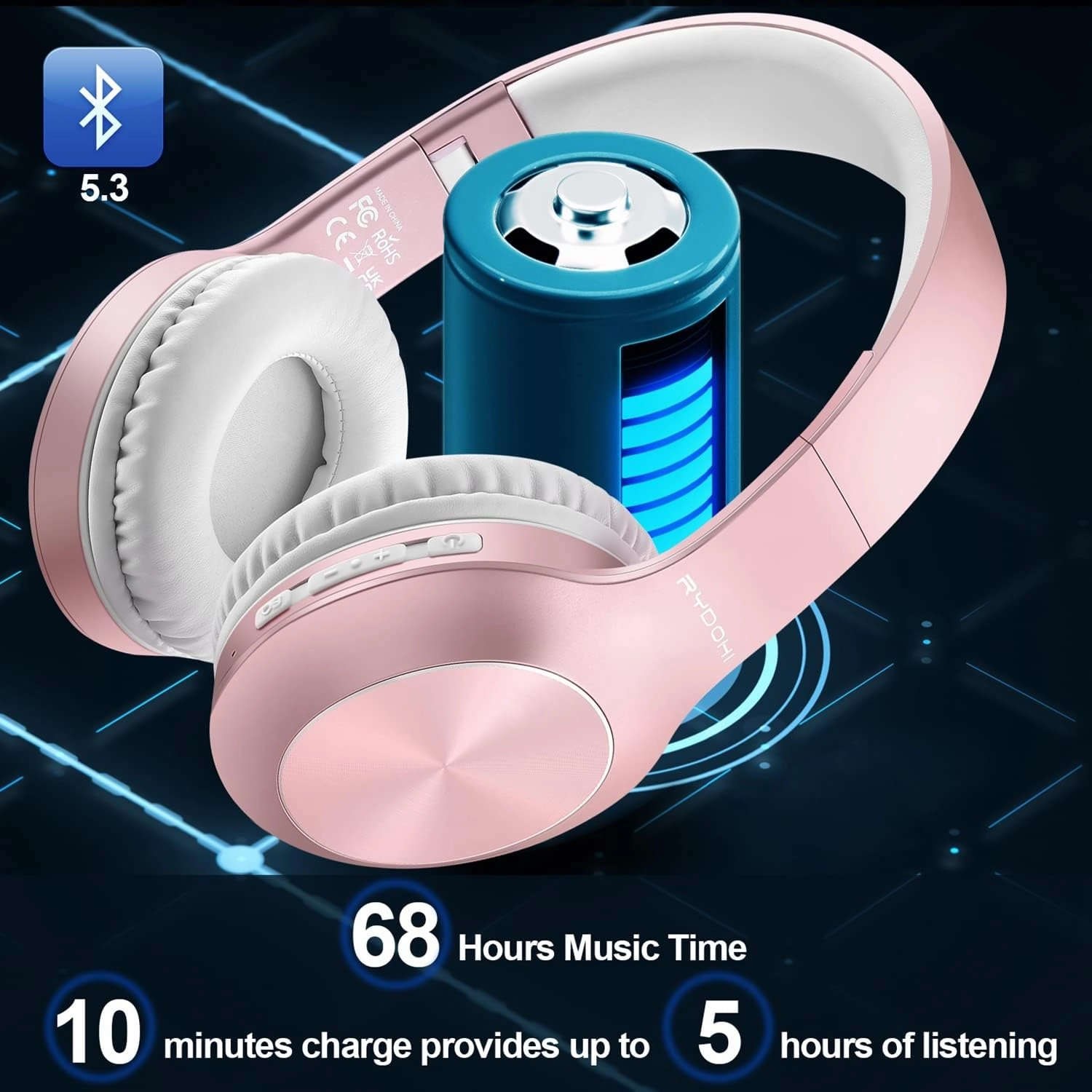 Bluetooth Headphones Over Ear, 68H Playtime and 3 EQ Music Modes Wireless Headphones with Microphone/Deep Bass, HiFi Stereo Foldable Lightweight Headset for PC Home Travel Office (Rose Gold)